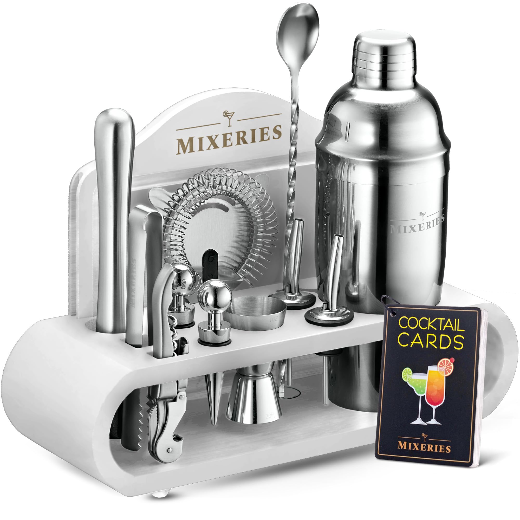 Premium 18-Piece Stainless Steel Bartender Kit with Stand - Professional Cocktail Shaker Set, Jigger, Strainer & Bar Tools | Perfect for Home Mixology, Margaritas, Martinis & Mojitos | Great Gift for Home Bars, Parties & Weddings | Ideal for Cocktail Enthusiasts & Entertaining (White) - Elevate Your Home Bar Experience for Special Occasions, DIY Drink Nights & Outdoor Gatherings