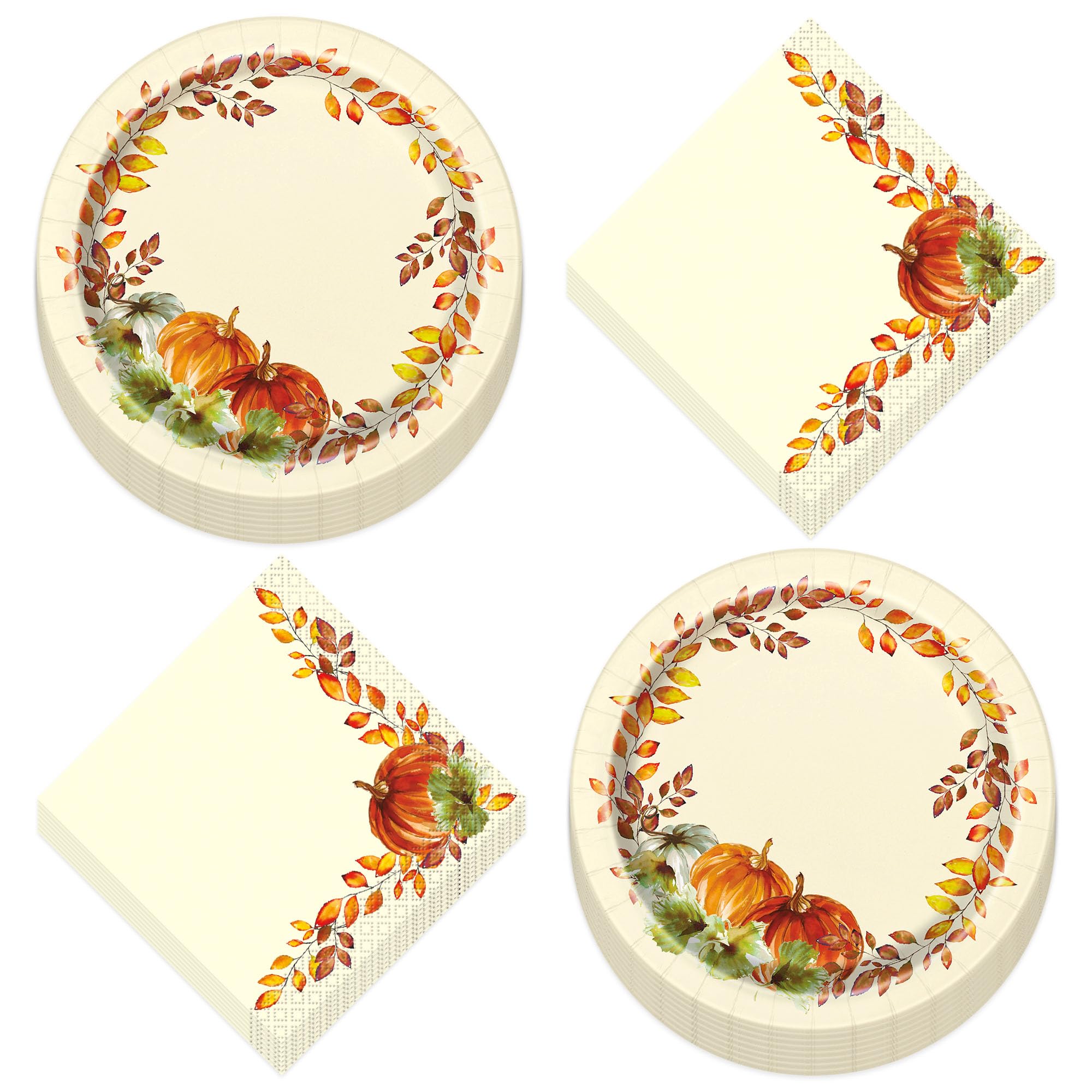 Watercolor Fall Pumpkins & Leaves Paper Dessert Plates & Beverage Napkins Set - 16-Piece Autumn Party Tableware for Thanksgiving, Halloween, and Seasonal Gatherings