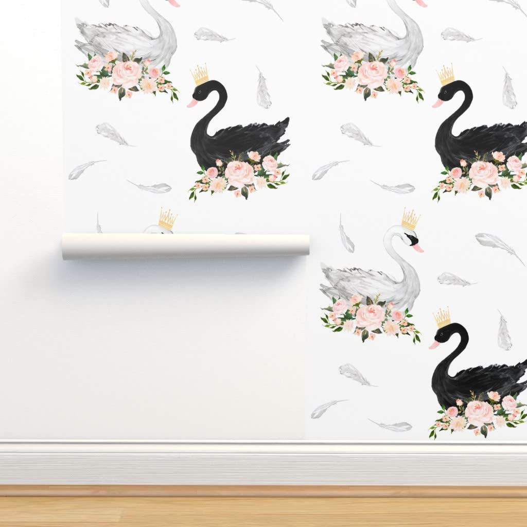 Premium Commercial Grade Wallpaper Swatch - Black & White Swan Feather Floral Design with Pink Roses | Traditional Wedding Wallpaper by Spoonflower | Perfect for Nursery, Bedroom, and Home Decor