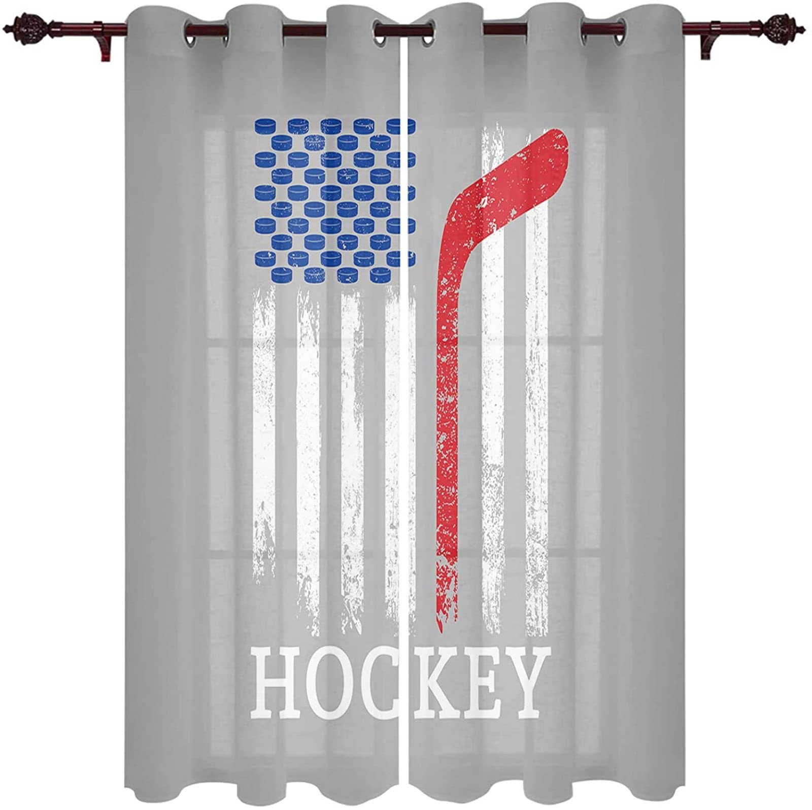 3D Printed Hockey Gray USA Flag Winter Sport Curtains - 2 Panels White Stripe Window Drapes, Blackout Top Grommet Curtains for Living Room & Bedroom (88.5