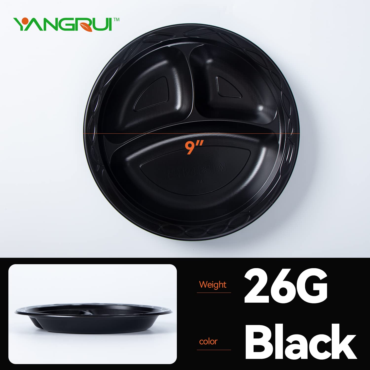 YANGRUI 9 Inch 3 Compartment Reusable Plastic Plates - 150 Pack BPA Free Food Grade Dinner Trays for School Cafeteria, Hospital Meals & Party Serving - Durable MFPP Black Disposable Trays