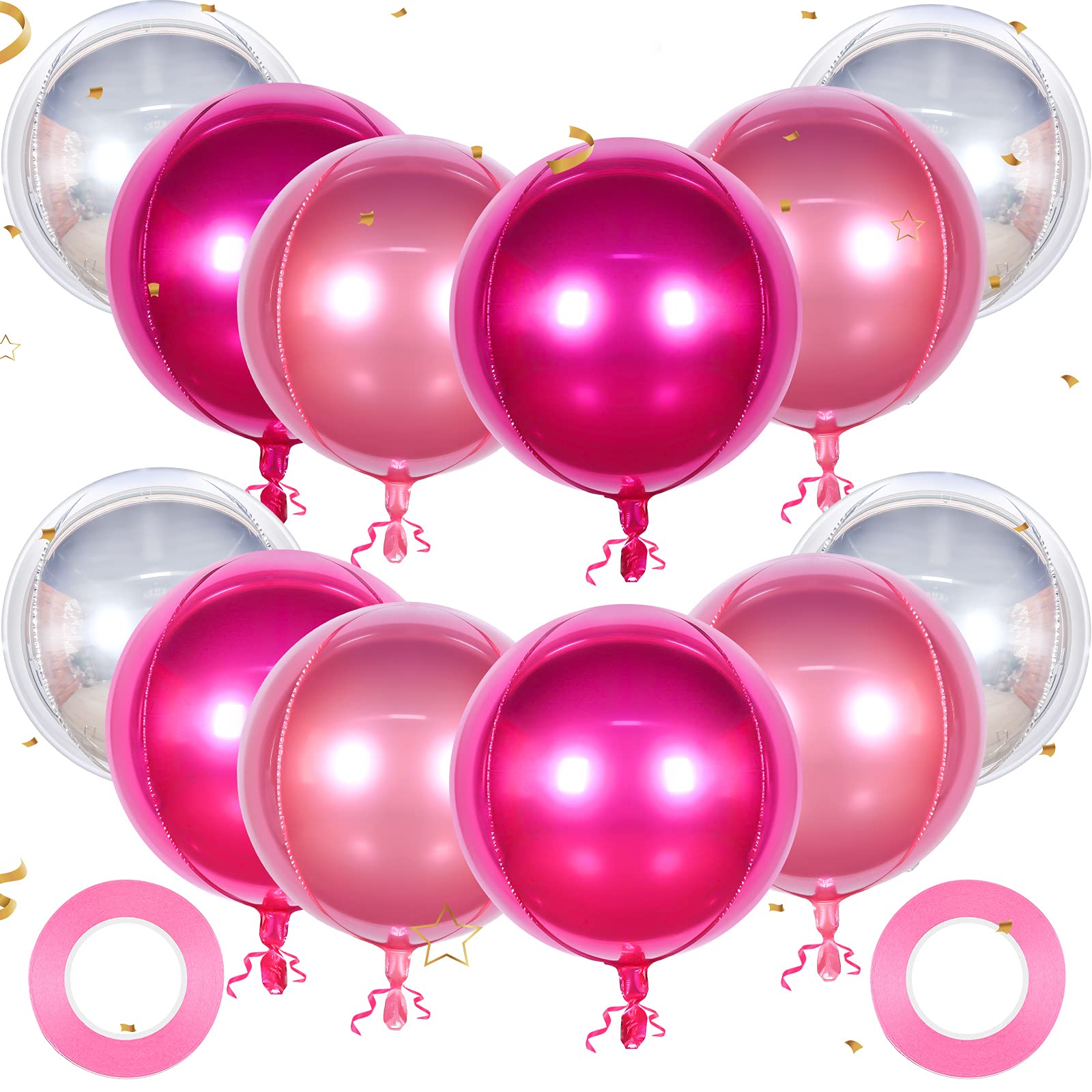 12 Pack 22 Inch Silver Rose Red Pink Foil Balloons with 2 Rolls Ribbon - Large Metallic Mirror Finish Sphere Balloons for Wedding, Birthday Party, Baby Shower, Anniversary, Graduation & Holiday Decorations