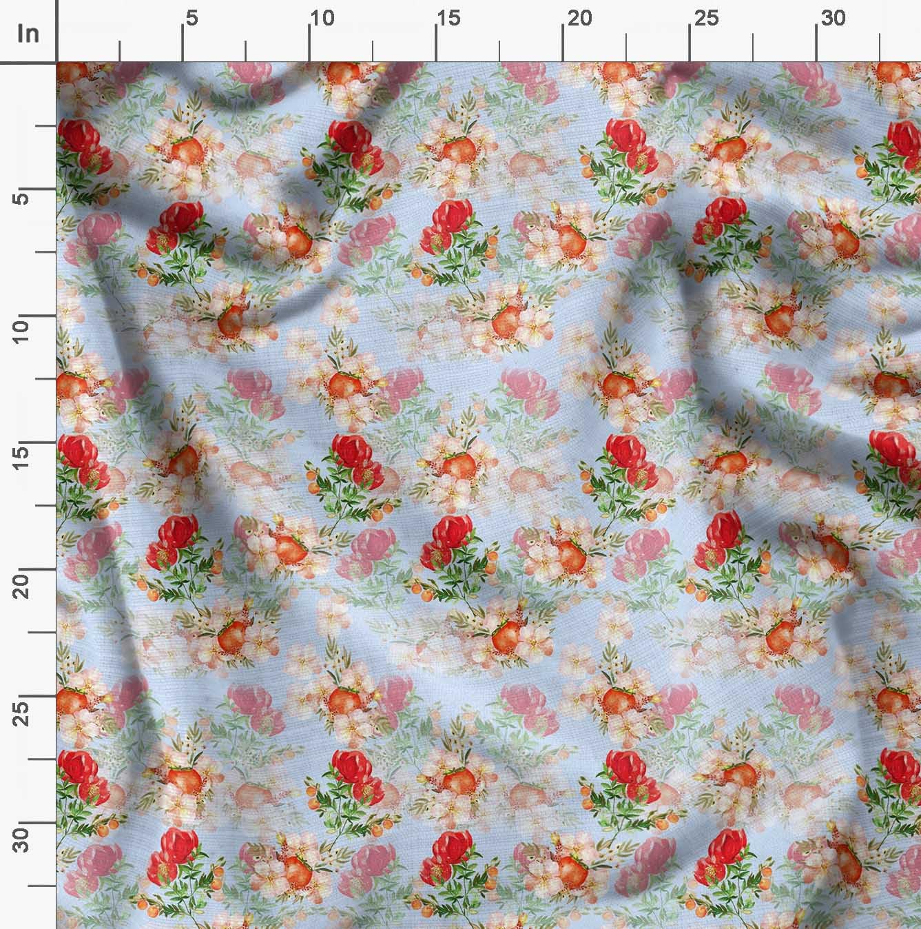 Soimoi Moss Georgette Blue Floral Fabric by The Yard - 42 Inch Wide Printed Fabric for Dresses, Scarves & DIY Crafts - Vibrant Tomato & Flower Design Fashion Material