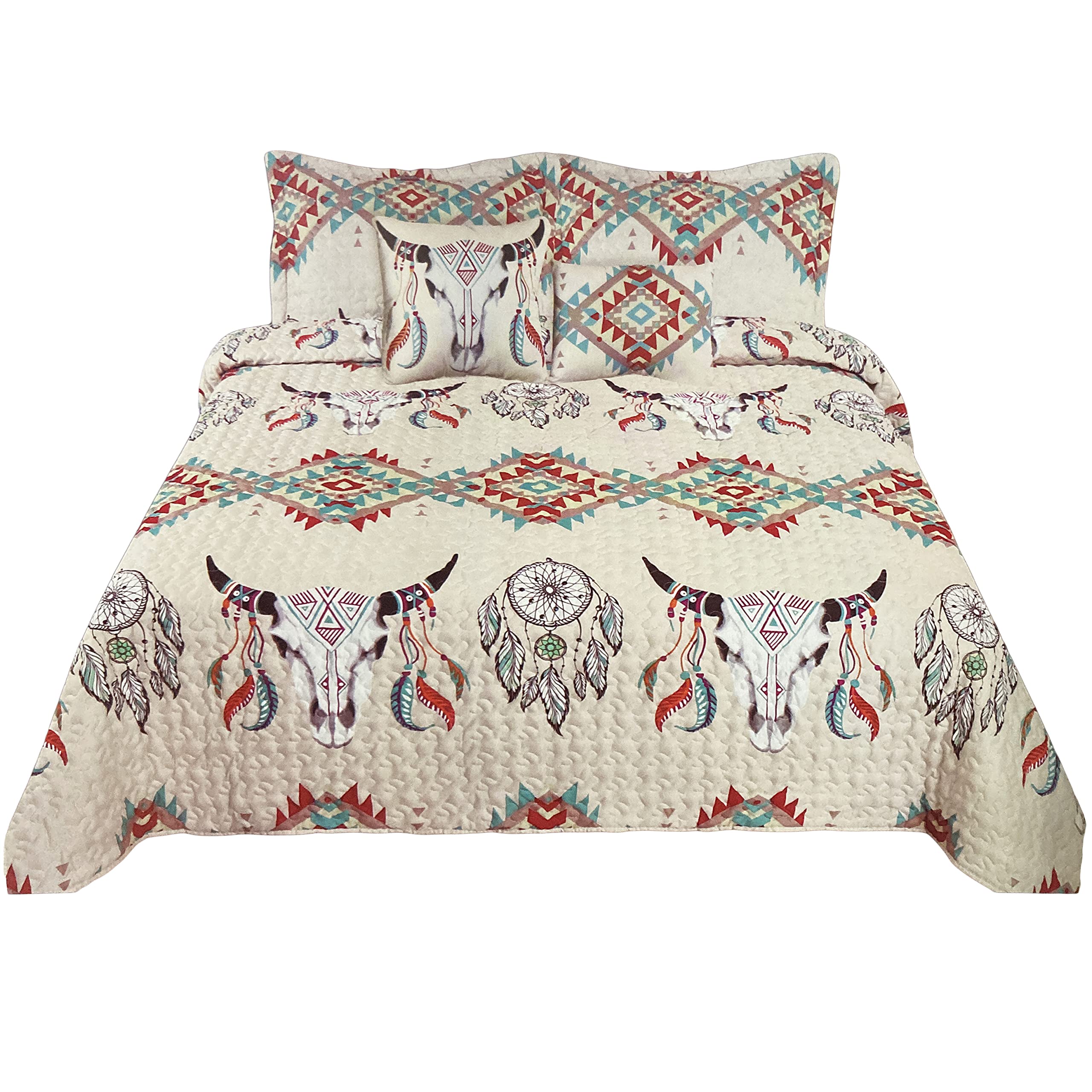 Western Peak 5-Piece Southwestern Boho Bedding Set - Queen Size Bull Skull & Tribal Feather Design Quilt with Shams & Decorative Pillows (Beige) - Perfect for Southwestern Themed Bedrooms, Guest Rooms & Boho Chic Home Decor
