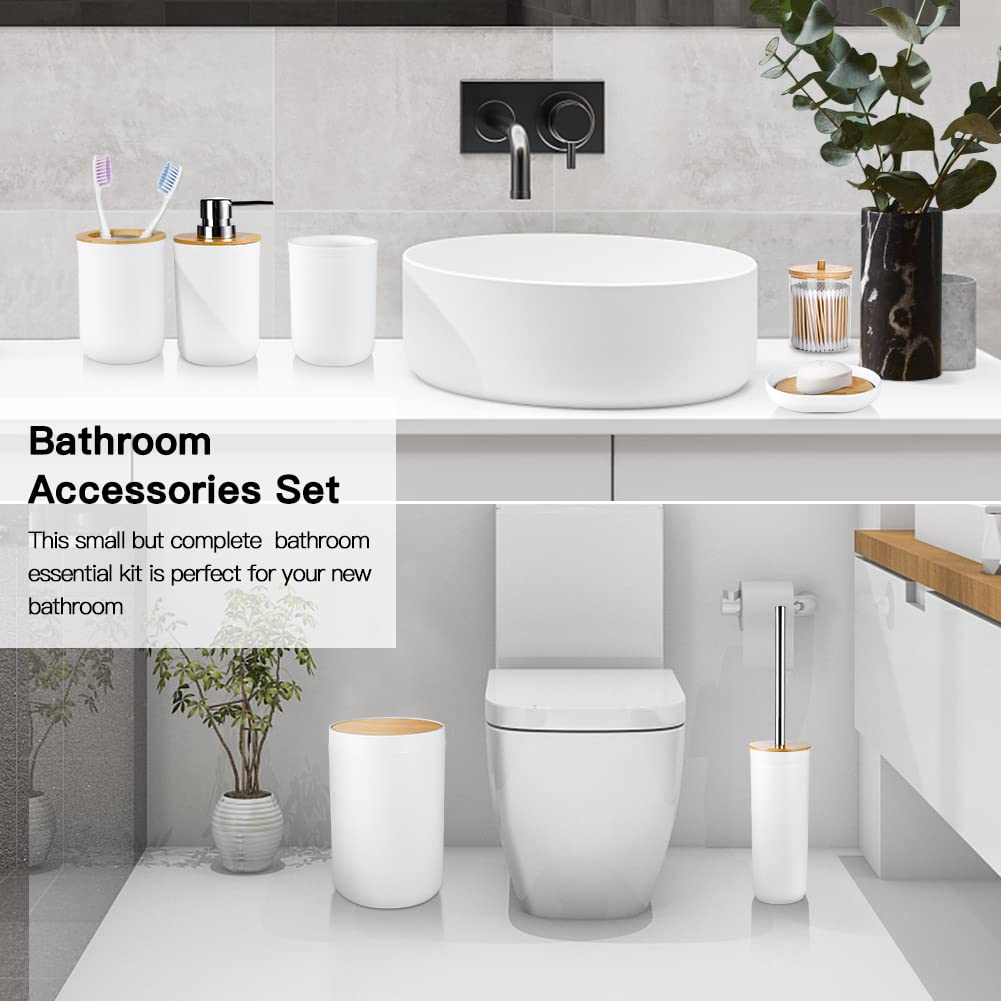 Otostar 6-Piece Bamboo Bathroom Accessory Set - Plastic Toothbrush Holder, Soap Dispenser, Q-Tip Holder, Tumbler, Soap Dish & Toilet Brush Holder - Modern Bathroom Organization for Home, Apartment, Hotel (White)