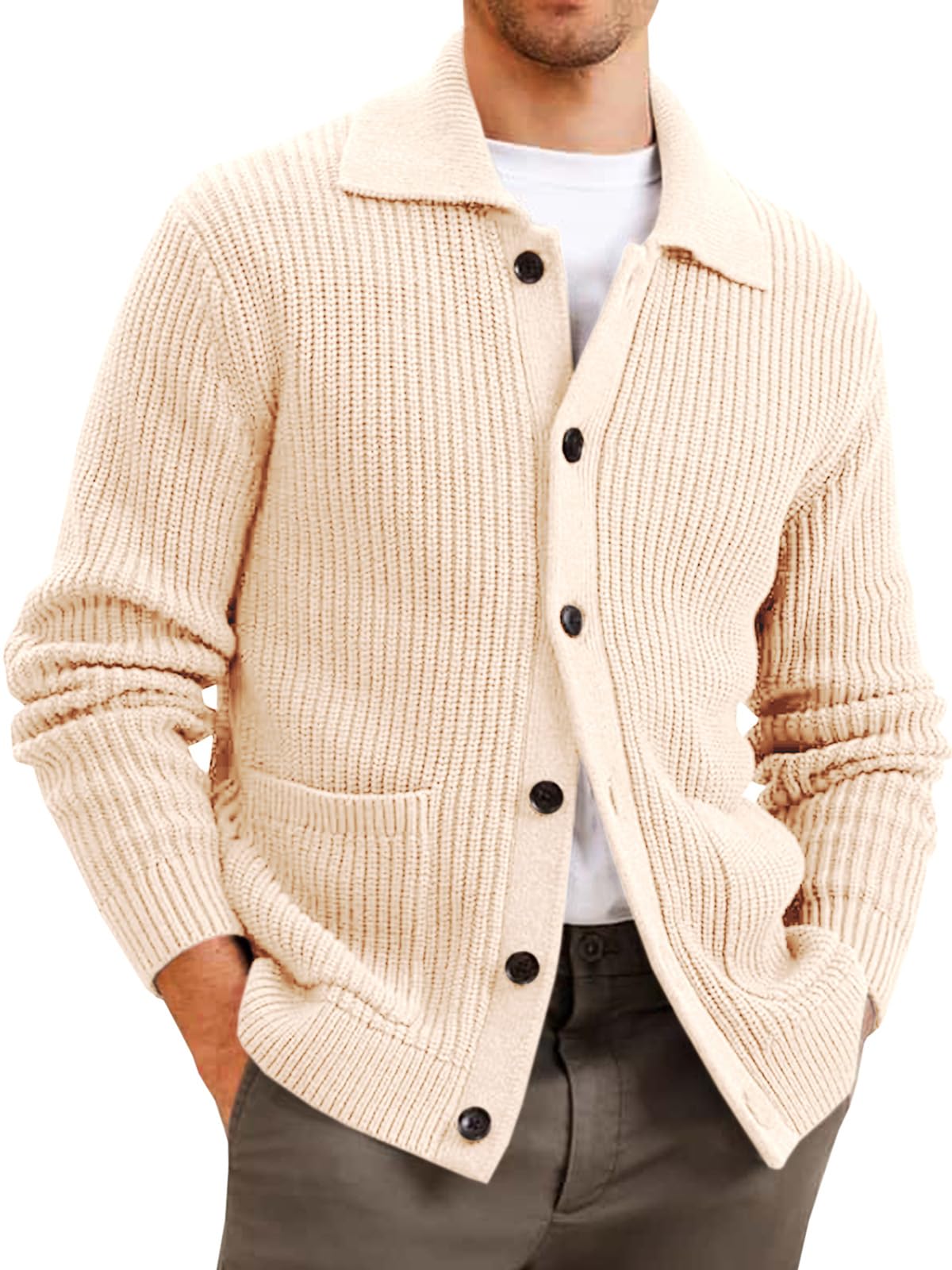 Runcati Men's Cable Knit Cardigan Sweater - Button Down Casual Ribbed Chunky Knitwear with Pocket | Perfect for Fall & Winter Layering, Office Wear, and Outdoor Activities