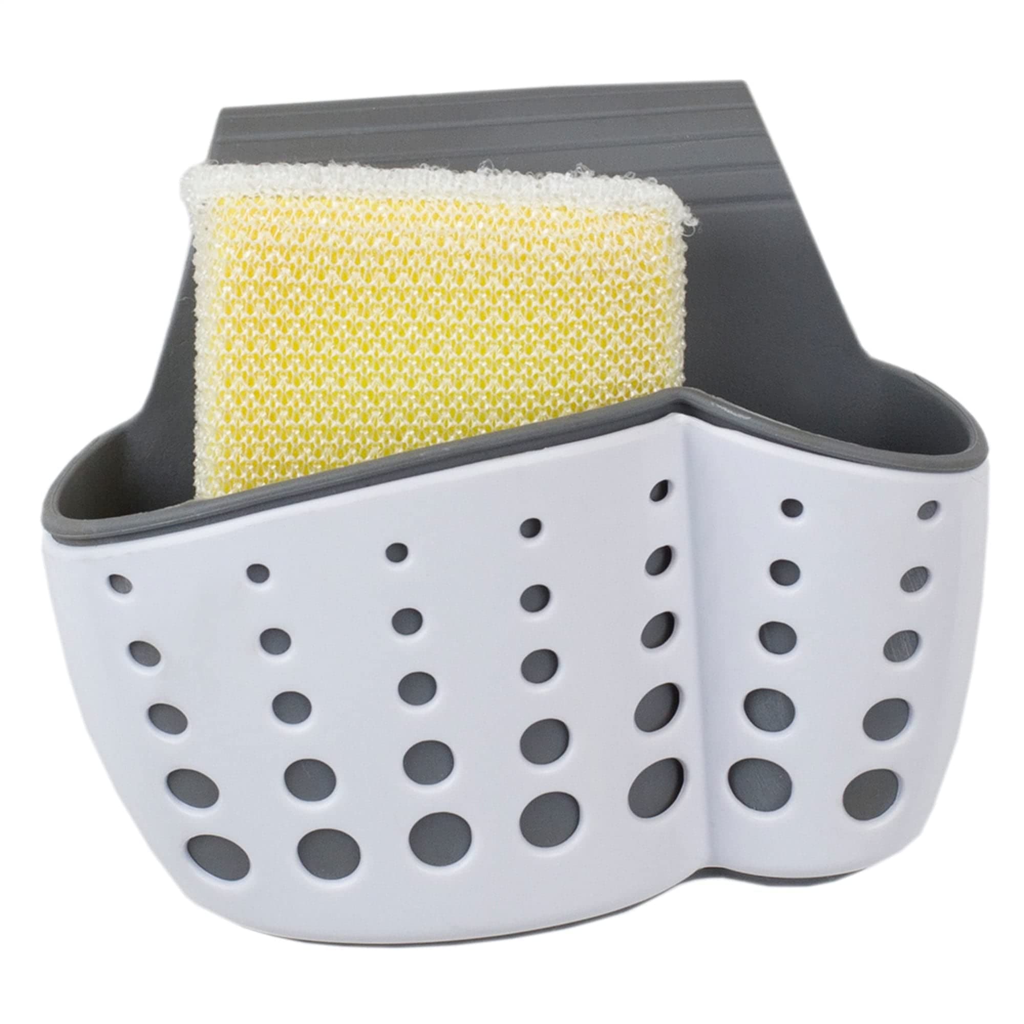 JOEY'Z Double Sided Hanging Sink Caddy Sponge Holder & Organizer - White/Grey Saddle Caddy for Kitchen, Bathroom & RV Sink Organization