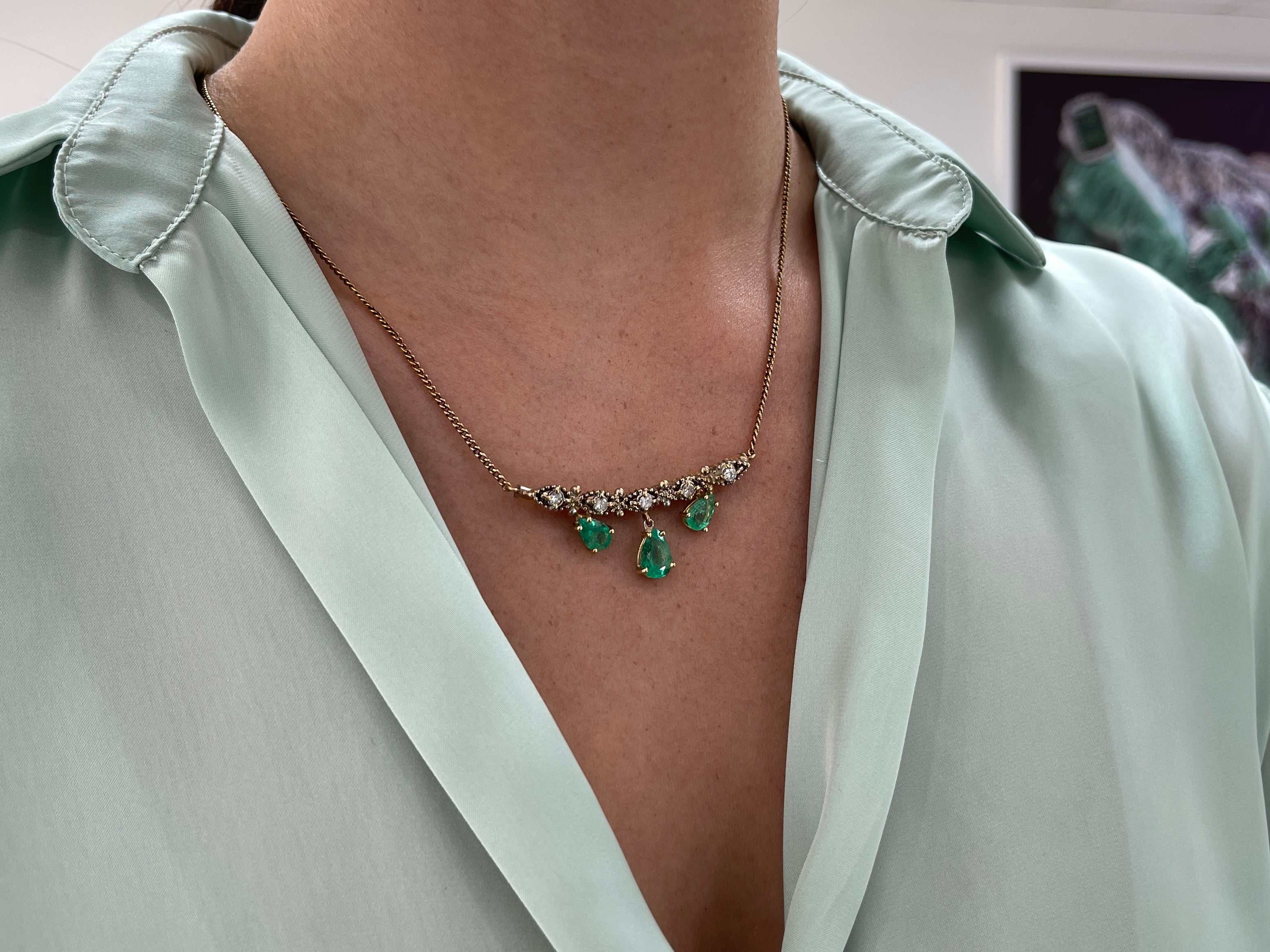 6.70tcw Vintage Emerald Pear & Diamond Necklace in 14K Gold - Elegant Jewelry for Weddings, Anniversaries & Special Occasions