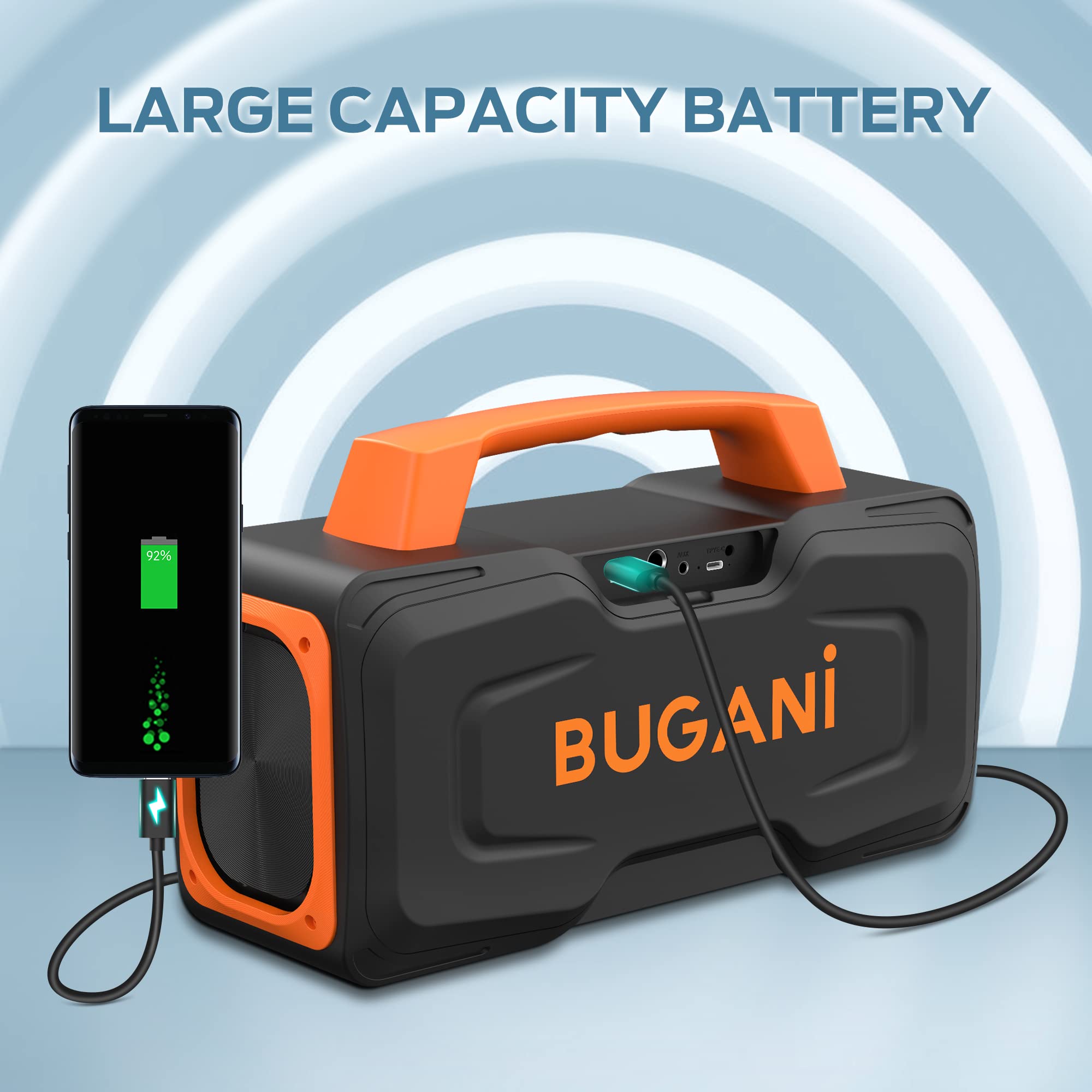 BUGANI 80W Bluetooth Speaker, IPX7 Waterproof Portable Wireless Speaker with Handle - 24H Playtime, AUX/USB, Karaoke Mic Support - Perfect for Outdoor Parties, Poolside, Beach, Camping & Home Karaoke