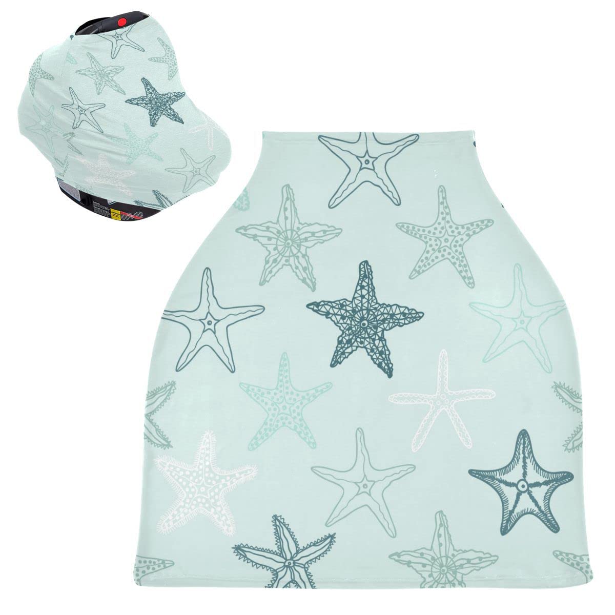 Multi-Purpose Baby Car Seat Canopy & Nursing Cover - Breathable Stroller and Car Seat Cover, Breastfeeding Shawl for Boys & Girls, Blue Starfish Design - Perfect for Travel, Shopping, and Outdoor Activities