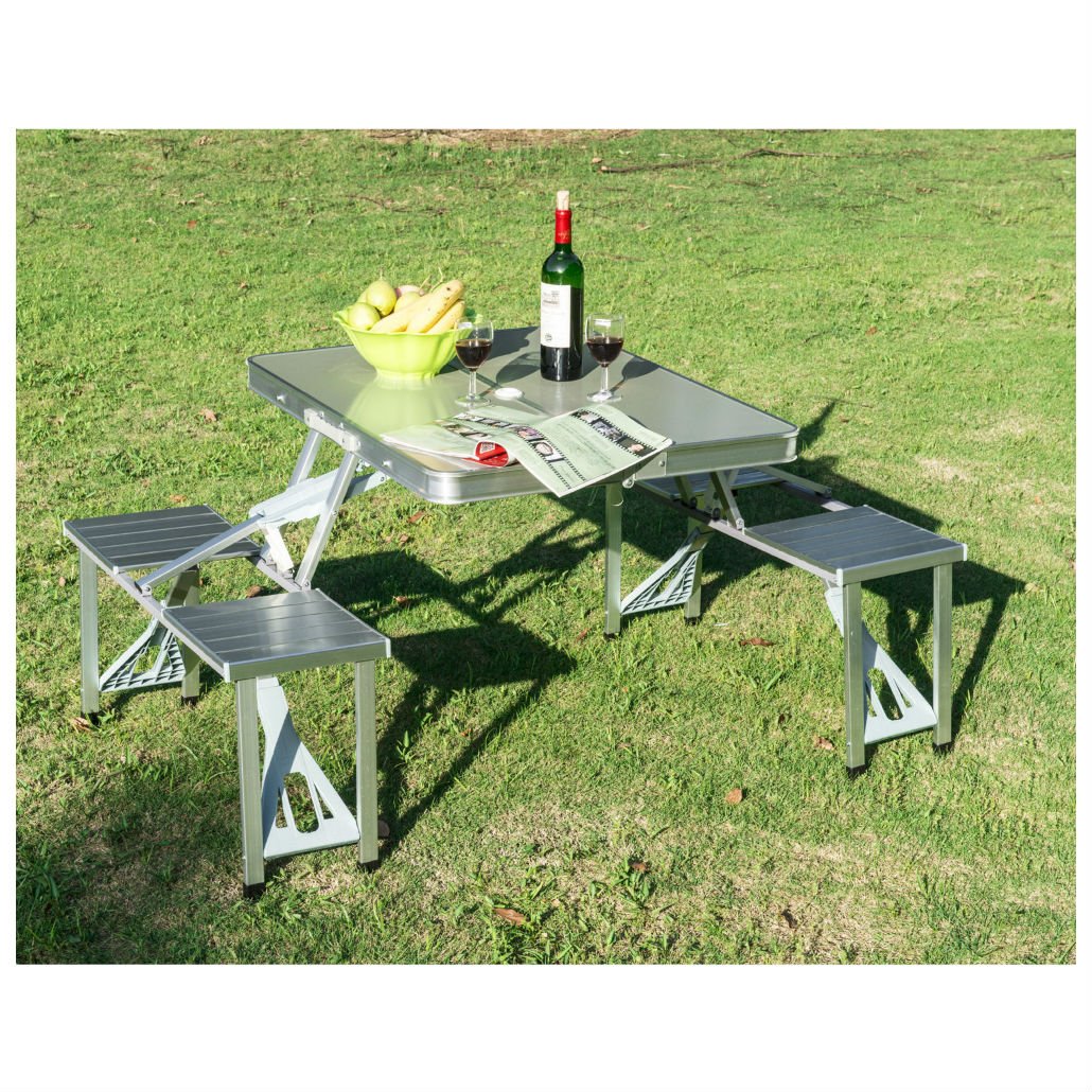 Portable Folding Aluminum Picnic Table with 4 Chairs - Lightweight Outdoor Dining Set for Camping, Backyard, Beach & Tailgating - Includes Carrying Case
