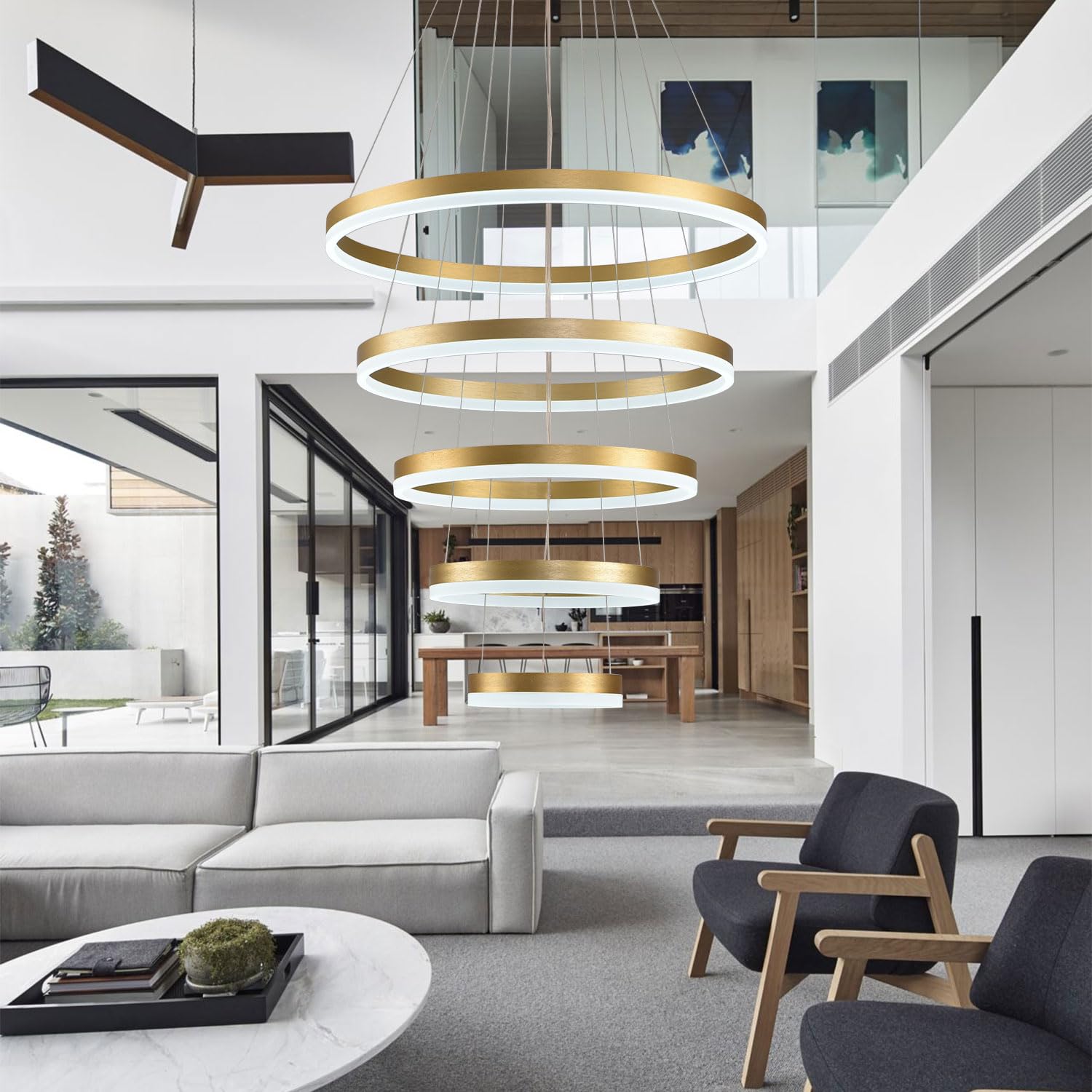 Modern Gold Chandelier 5 Rings Dimmable LED Pendant Light - Adjustable Height Ceiling Fixture for Dining Room, Kitchen, Living Room & Bedroom | Elegant Lighting for Home Decor & Special Occasions