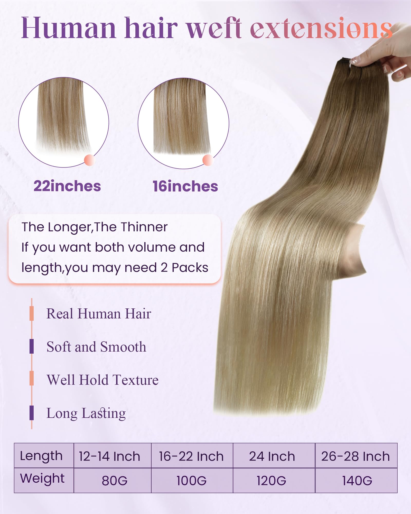 LaaVoo 18 Inch Human Hair Weft Extensions - 100g Soft Straight Sew-in Hair (Light Brown to Platinum Blonde Balayage Ash Blonde) | Natural Ombre Brown Hair Extensions for Styling & Volume | Perfect for Parties, Weddings & Everyday Wear