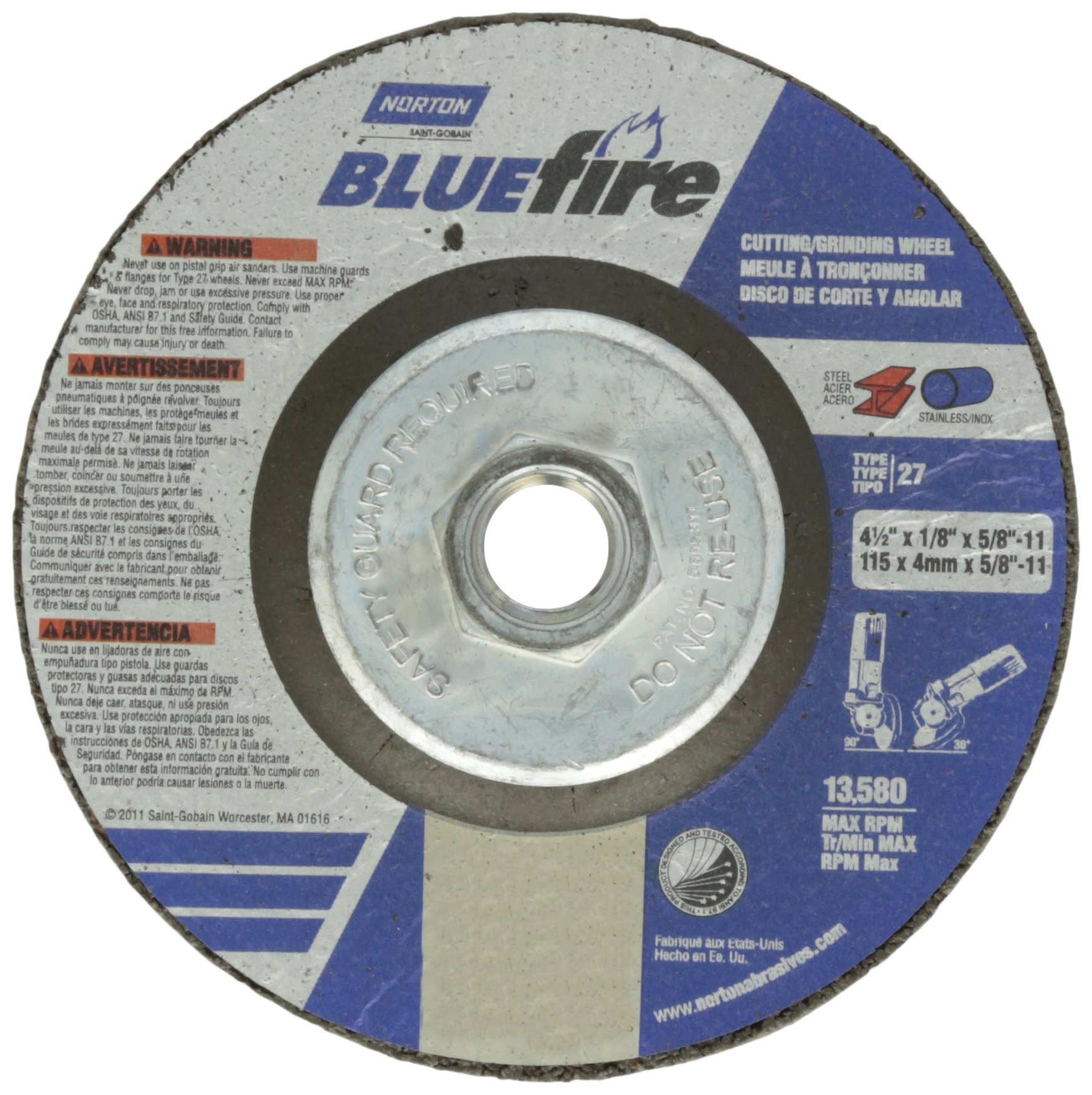 Norton Blue Fire Plus Depressed Center Abrasive Wheel - Type 27, 4-1/2