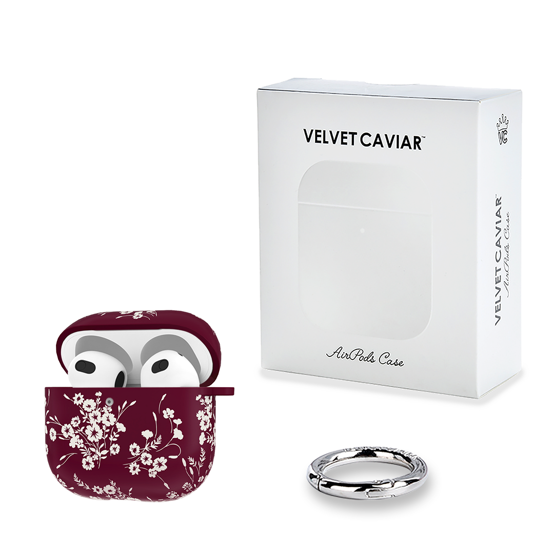 French Burgundy Floral AirPod Case - Elegant Protective Cover for AirPods 1/2/3 & Pro - Perfect for Travel, Work & Daily Use