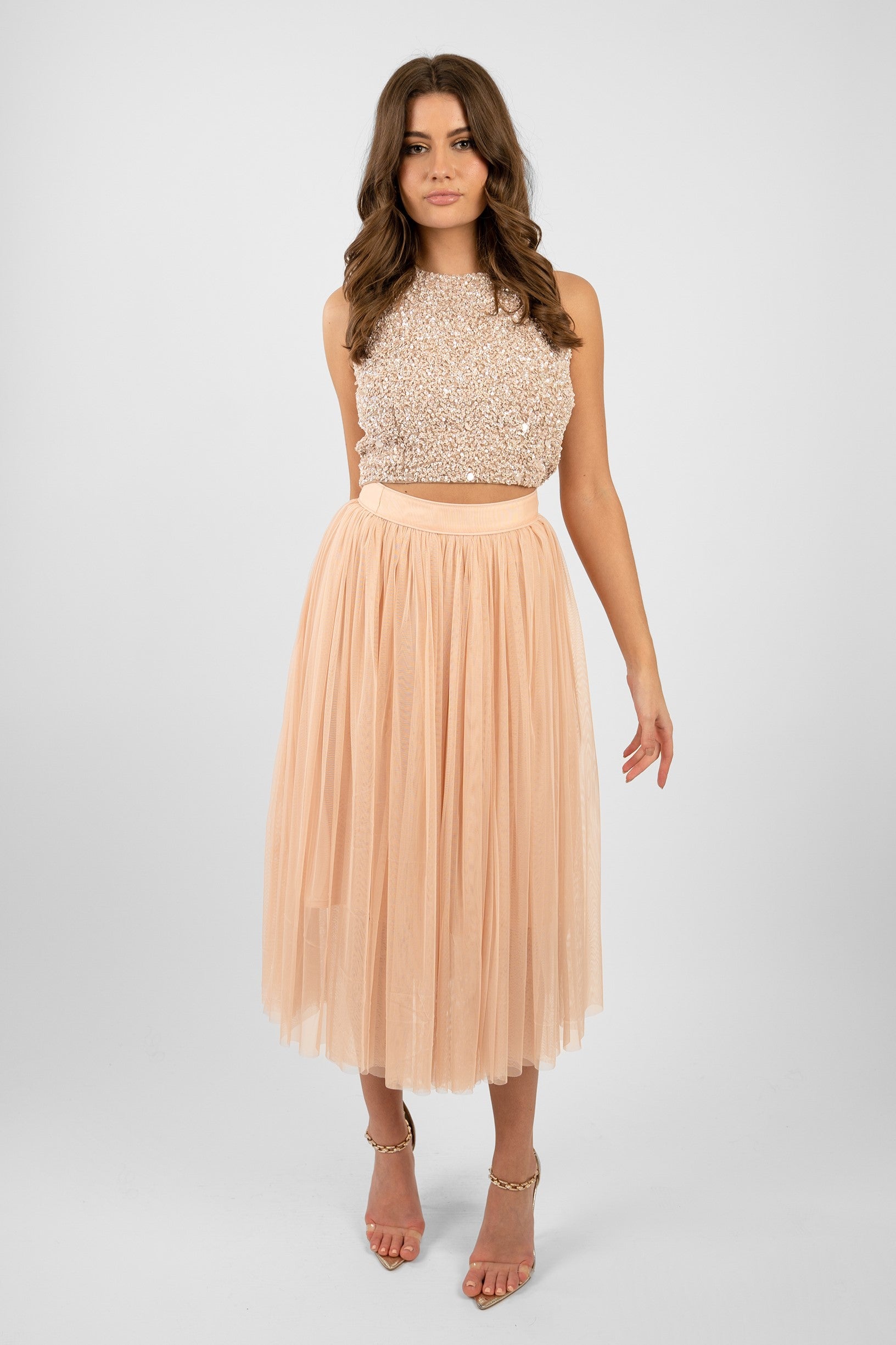 Cleo Nude Tulle Midi Skirt for Women - Elegant Flowy Party Dress for Weddings, Dances & Special Occasions