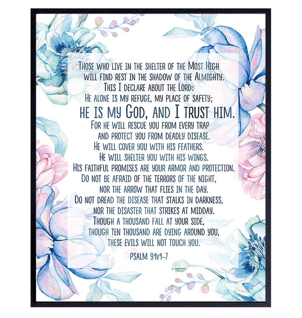 Psalm 91 Scripture Wall Art - Inspirational Bible Verse Decor for Home & Church - Floral Religious Artwork - Perfect Christian Gift for Women - Catholic Home Decor & Spiritual Encouragement | Ideal for Prayer Rooms, Church Walls & Faith-Based Home Decor