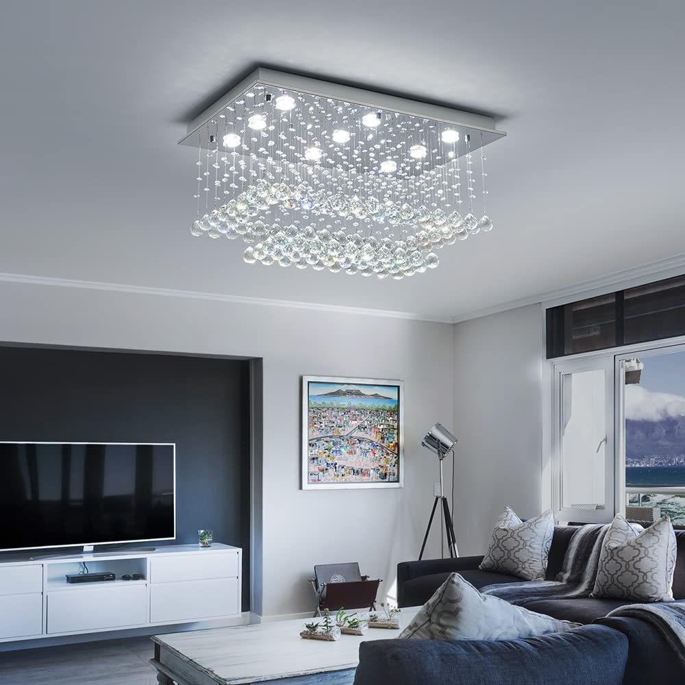 Saint Mossi K9 Crystal Chandelier - 9-Light 2-Tier Modern Flush Mount Ceiling Light Fixture for Bedroom, Dining Room & Living Room (32