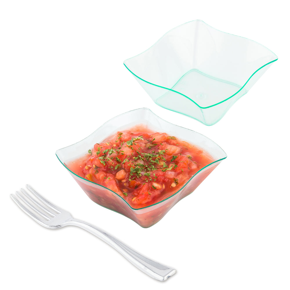 100 Pack 6 oz Square Seagreen Plastic Bowls & 100 Silver Mini Forks - Eco-Friendly Disposable Tableware for Parties, Picnics, Catering, and Events
