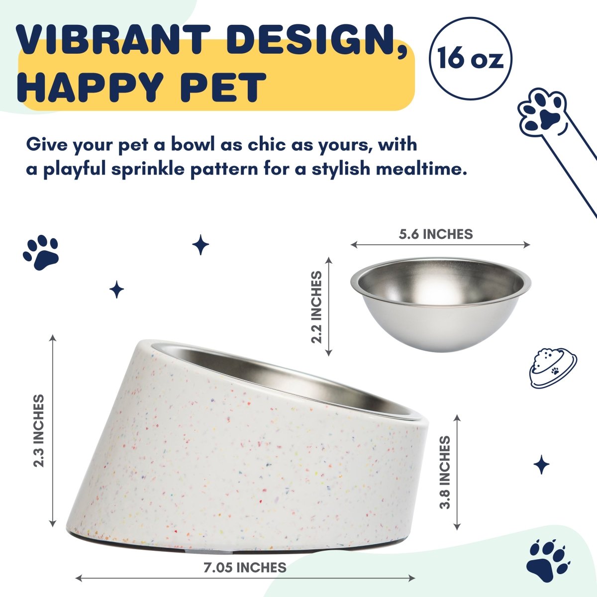 Bzyoo 16oz Tilted Dog Bowl for Small Dogs & Cats - Ergonomic Elevated Pet Food Dish, Anti-Slip Base, Slow Feeder, White - Perfect for Puppies, Kittens & Senior Pets with Neck Pain
