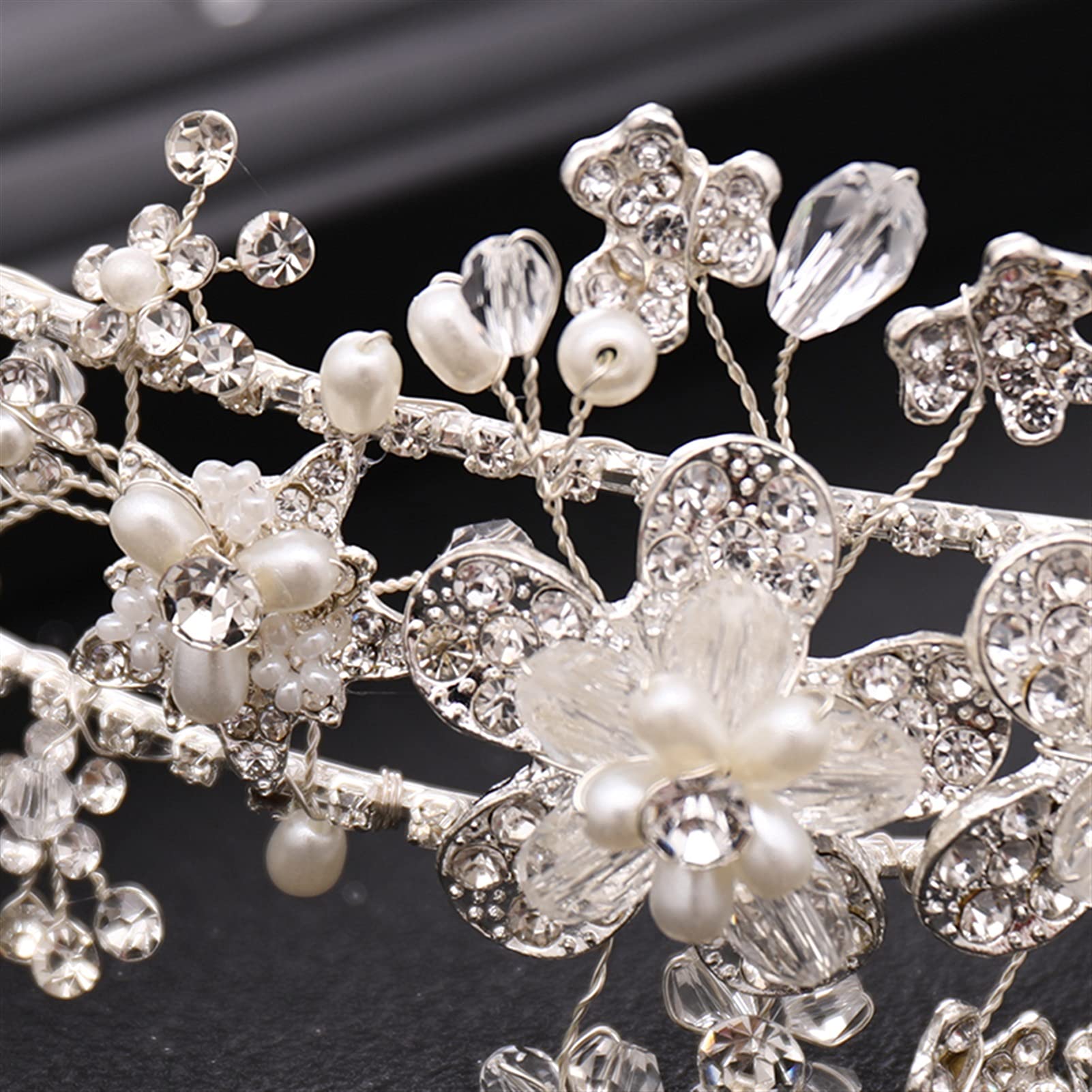 Elegant Silver Flower Wedding Tiara with Rhinestones & Pearls – Bride Hair Accessories for Princess Headband & Headdress – Perfect for Weddings, Prom, and Special Occasions