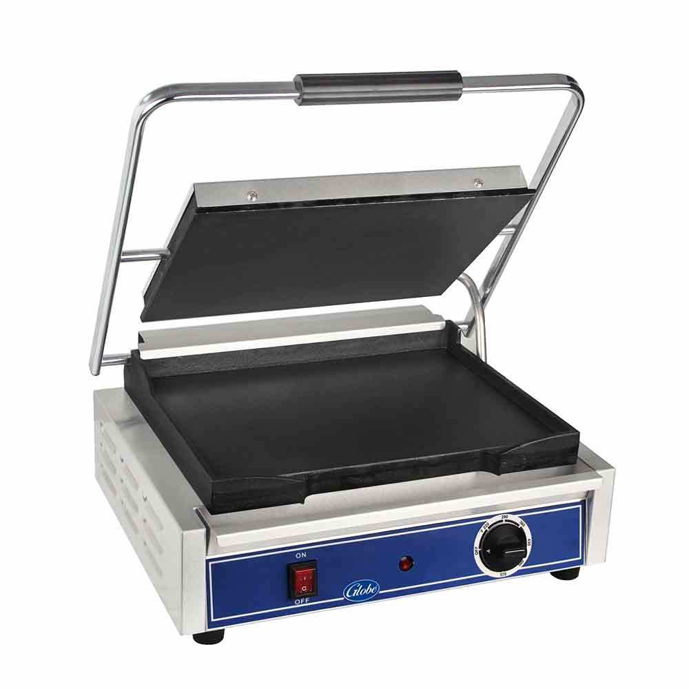 Globe GSG1410 Cast Iron Sandwich & Panini Press Grill with Smooth Plates - 14 x 10 Inches - Perfect for Home, Restaurant & Commercial Use - Make Grilled Cheese, Paninis & More
