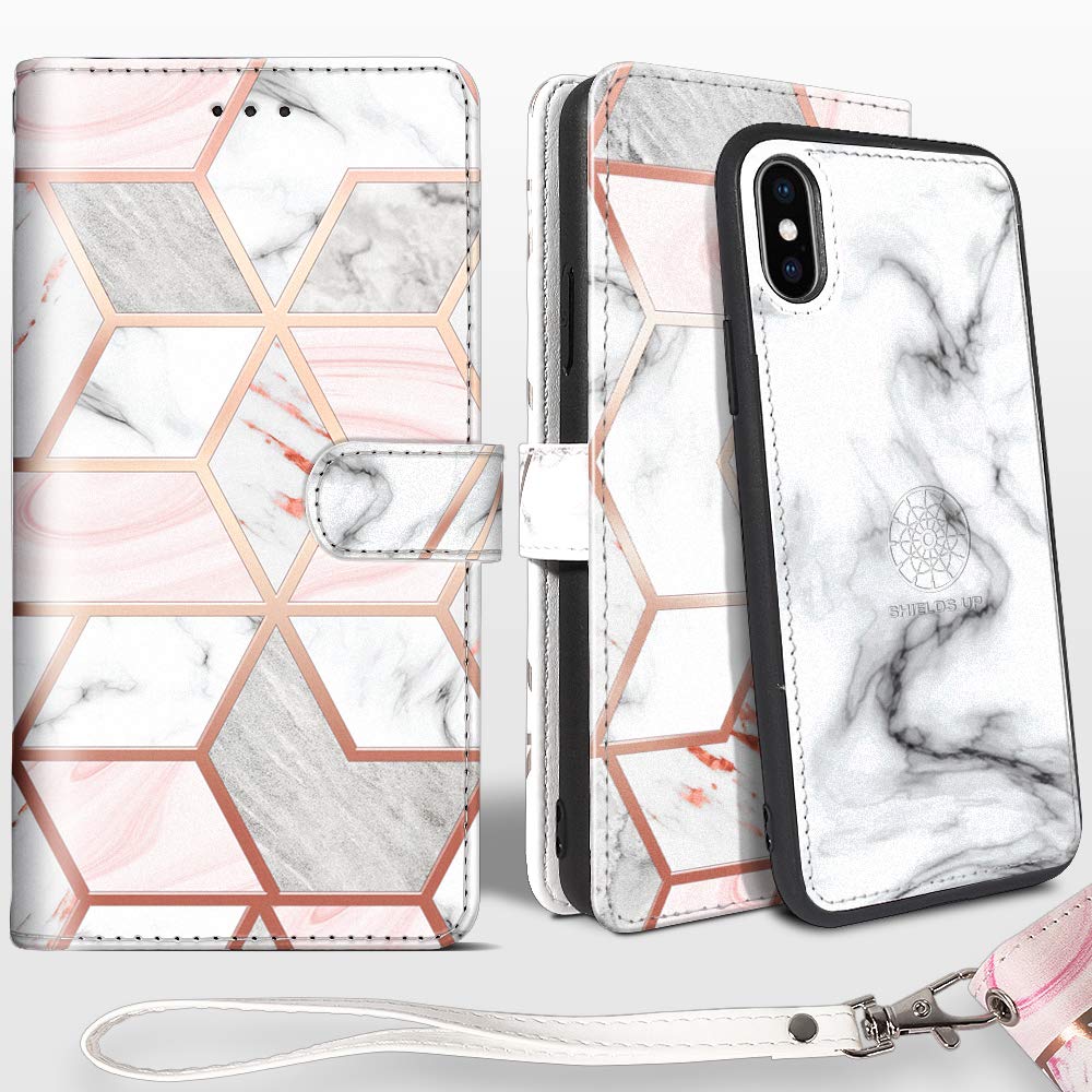 Premium Magnetic Wallet Case for iPhone Xs Max | Detachable Vegan Leather Cover with Card Slots & Wrist Strap | Slim Durable Protection | Perfect for Work, Travel & Everyday Use (Marble Design)