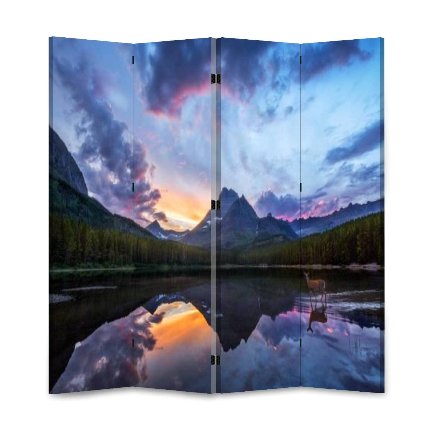 Wooden Folding Room Divider - Rocky Mountain Mule Deer Sunset Lake Canvas Privacy Screen | 4-Panel Double-Sided Partition Wall for Bedroom, Office & Indoor Decor