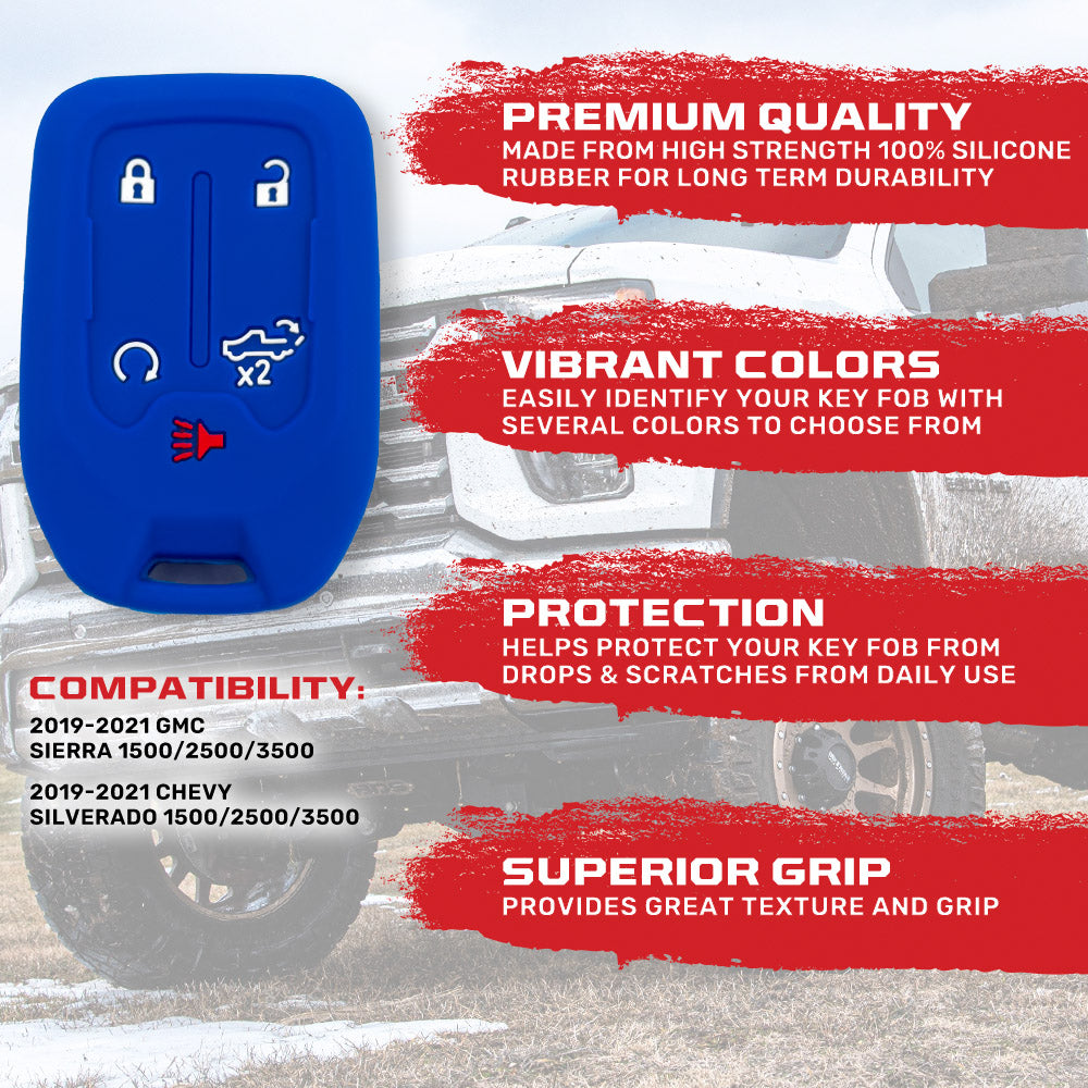 GMC & Chevy 2019-2021 Sierra/Silverado 1-Piece 100% Silicone Rubber Key Fob Cover - Multiple Colors - Durable Protection for Car Keys (Perfect for Daily Use, Travel & Outdoor Activities)