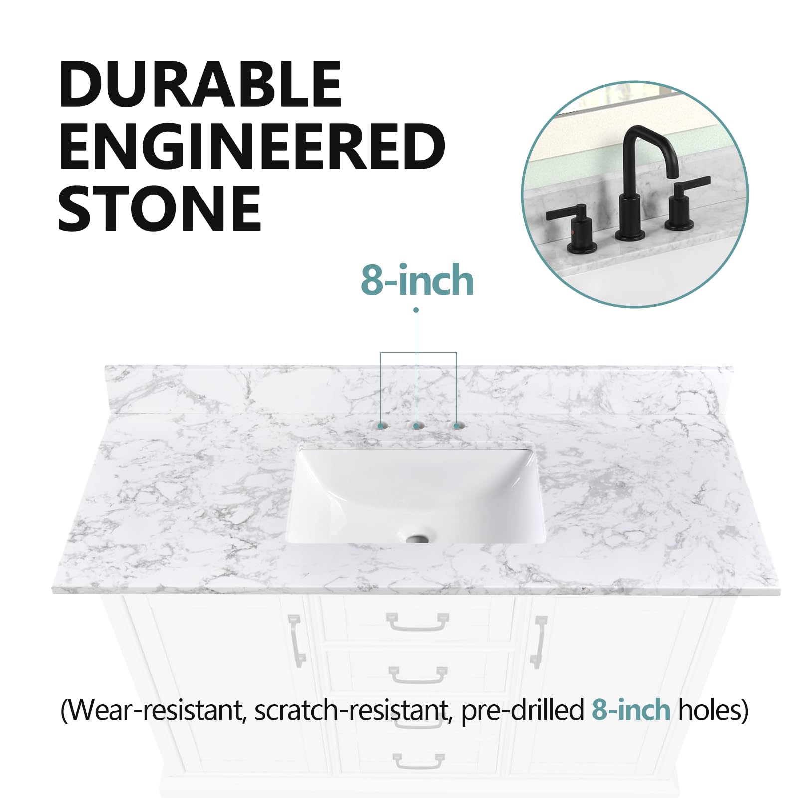 48x22 Inch White Engineered Stone Bathroom Vanity Top with Integrated Sink - 8 Inch 3-Hole Faucet Spread & Backsplash (Faucet Not Included) - Perfect for Modern Bathroom Renovations & Small Space Solutions