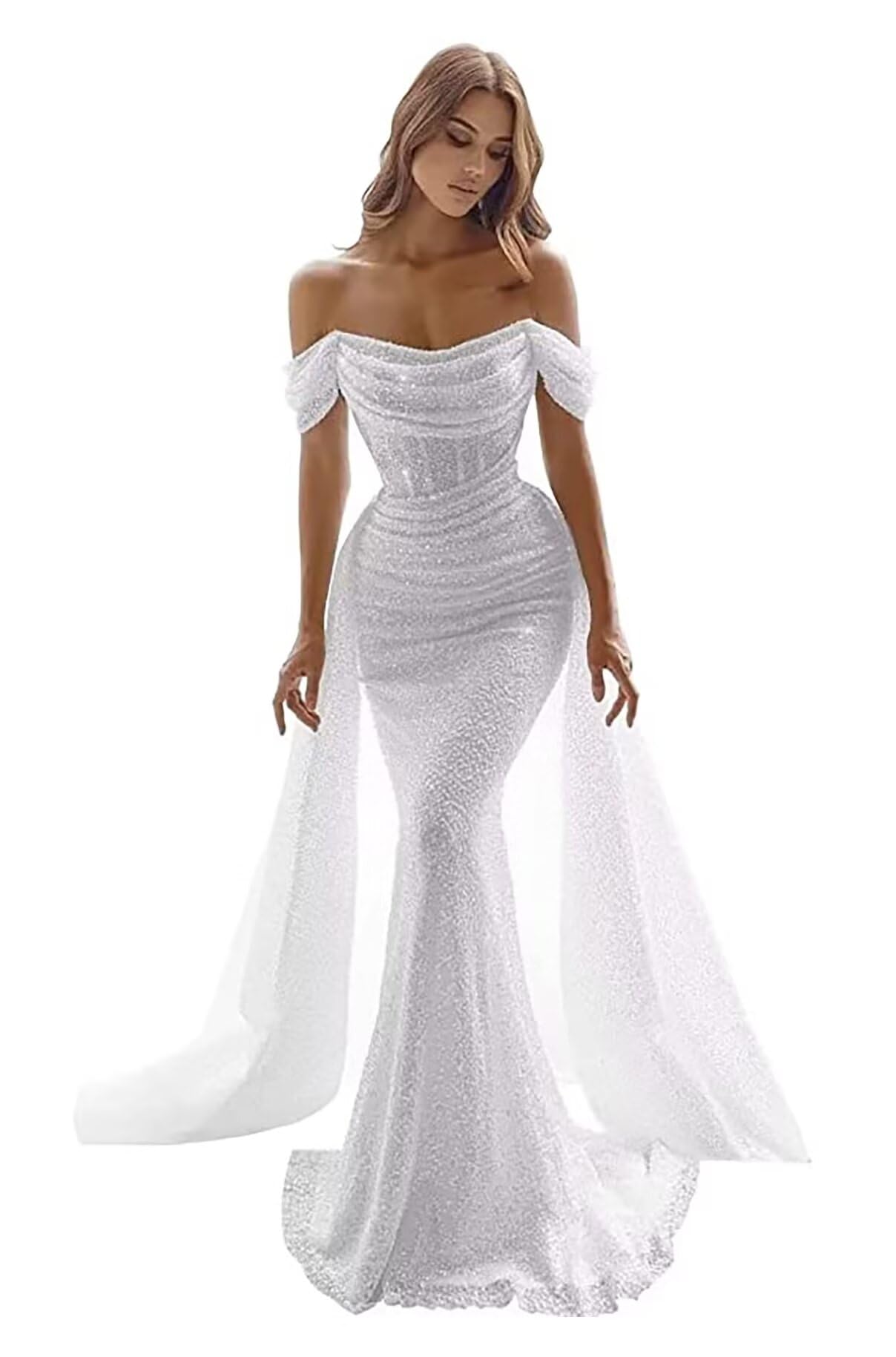 Elegant Off Shoulder Long Mermaid Wedding Dress with Sparkly Sequins - DR0001-13 | Perfect for Beach, Church, and Formal Wedding Ceremonies