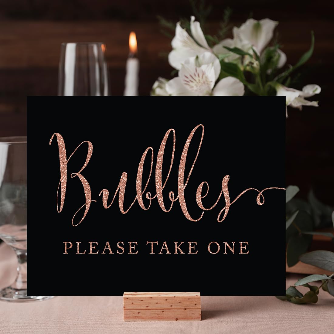 Faux Rose Gold Glitter Wedding Party Sign - 8.5x11 Inch Bubbles Please Take One Sign - 1-Pack Black & Gold Party Decorations for Weddings, Showers & Celebrations