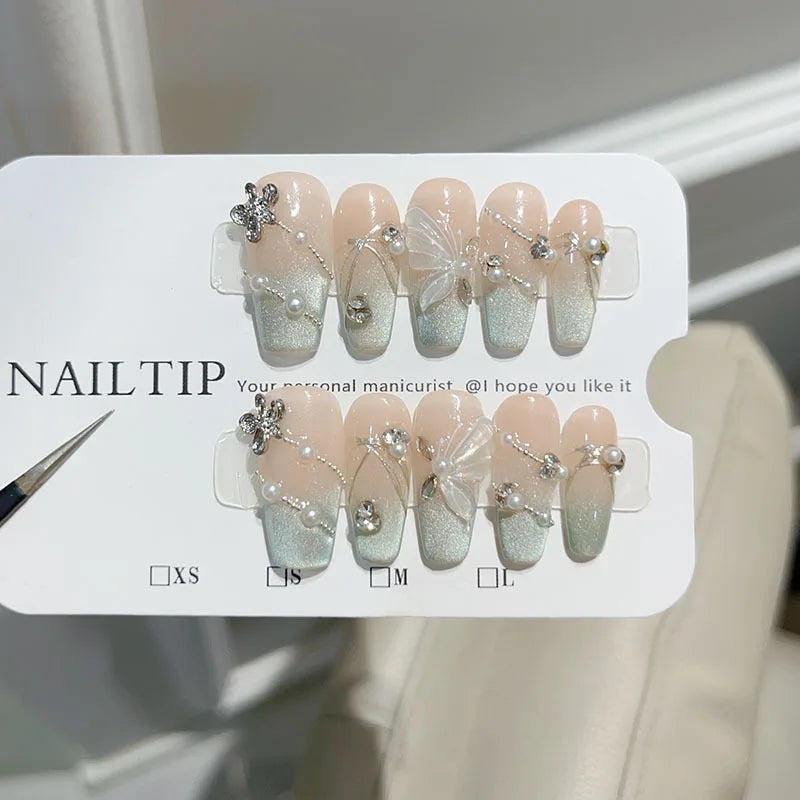 10Pcs Mid-Length Ballet Cat Eye Handmade Gel Nails with Glue - Sweet Mori Girl Nail Art, Shimmery Butterfly Fake Nails for Manicure Tips - Perfect for Parties, Weddings & Daily Wear
