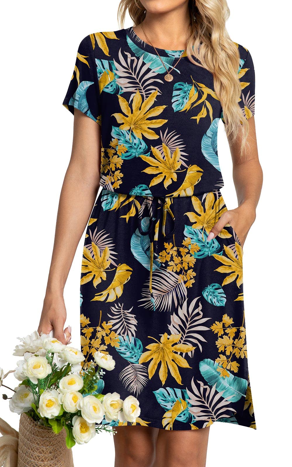 Anydoll 2023 Women's Summer T-Shirt Dress - Casual Short Sleeve Hide Belly Dress with Pockets | Perfect for Work, Weekend Outings & Vacation Wear