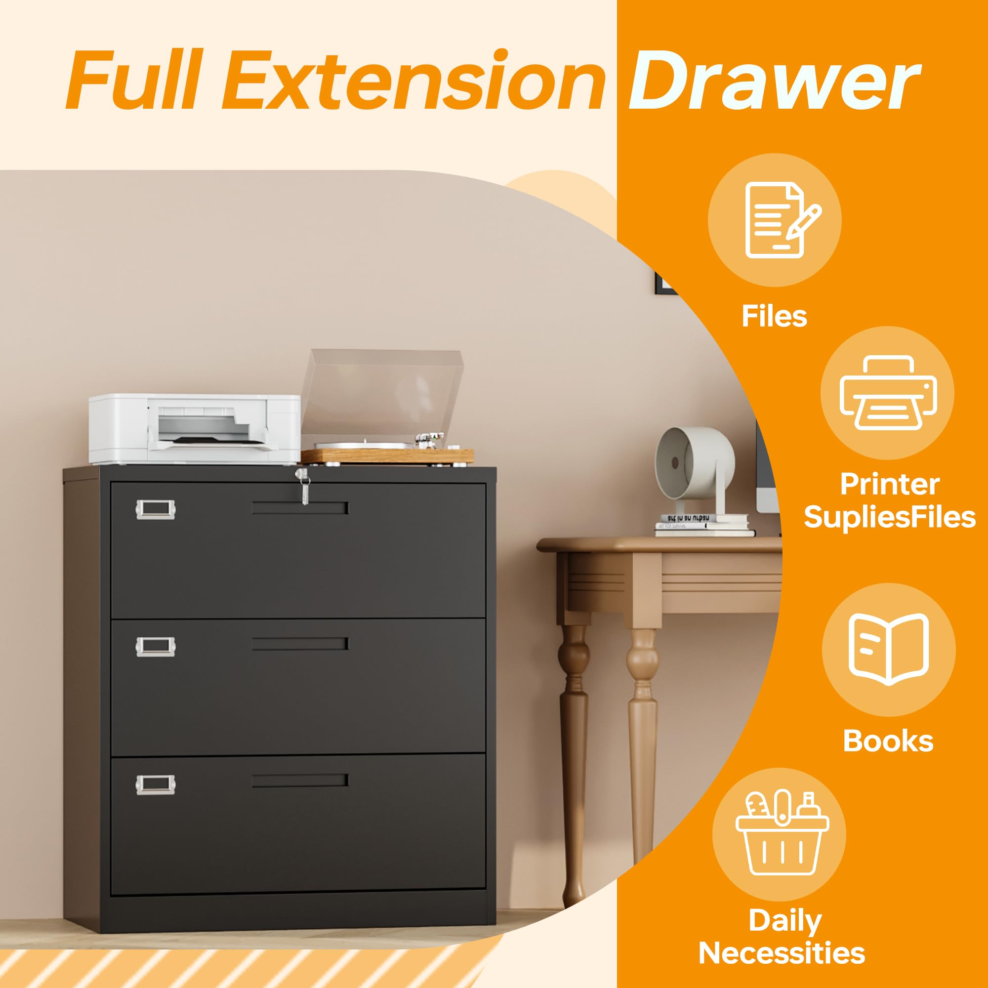 3-Drawer Lateral File Cabinet with Lock - Metal Filing Cabinet for Home Office, Legal/Letter & A4 Size Documents - Secure Storage for Files, Folders & Office Supplies (Ideal for Home, Office & Workspace Organization)