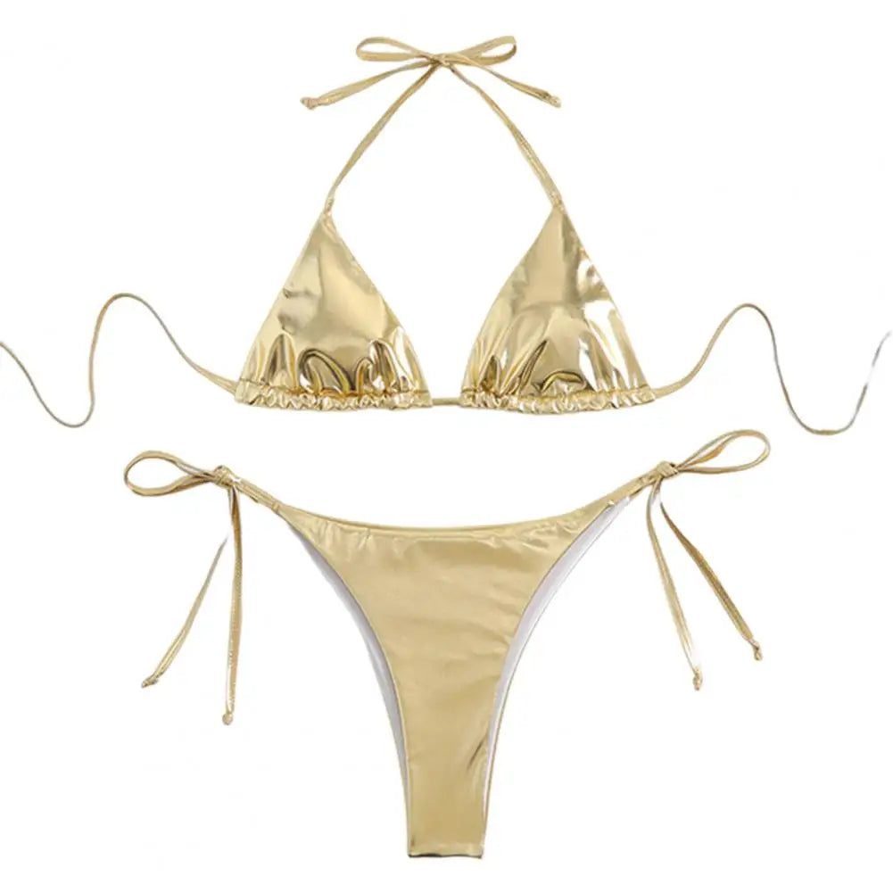 Sexy Gold Halter Lace Up Bikini Set for Women - 2 Piece Swimwear with Beach Cover Up | Perfect for Pool Parties, Beach Vacations & Summer Getaways
