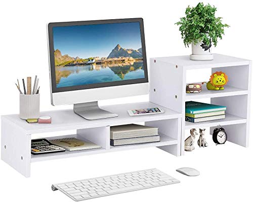 3-Tier Wooden Monitor Stand with Keyboard Storage - Adjustable Laptop Riser, Desk Organizer for Computer, TV & Printer - Perfect for Home Office, School & Workspace (White)