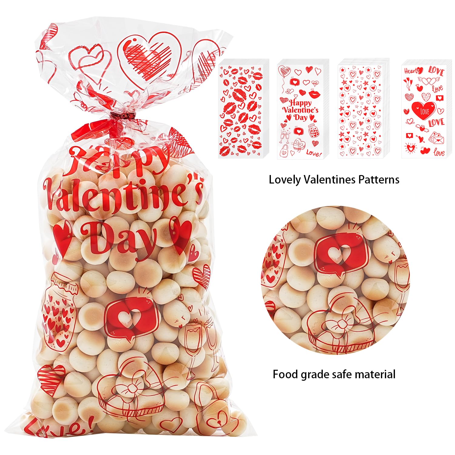 ONFAON Valentine's Day Goodie Bags - 180pcs Candy Treat Bags with 200pcs Twist Ties for Snacks, Cookies & Candy Packaging | Perfect for Classroom Parties, Kids & Coworkers | Great for Valentine's Gifts, School Events & Office Celebrations