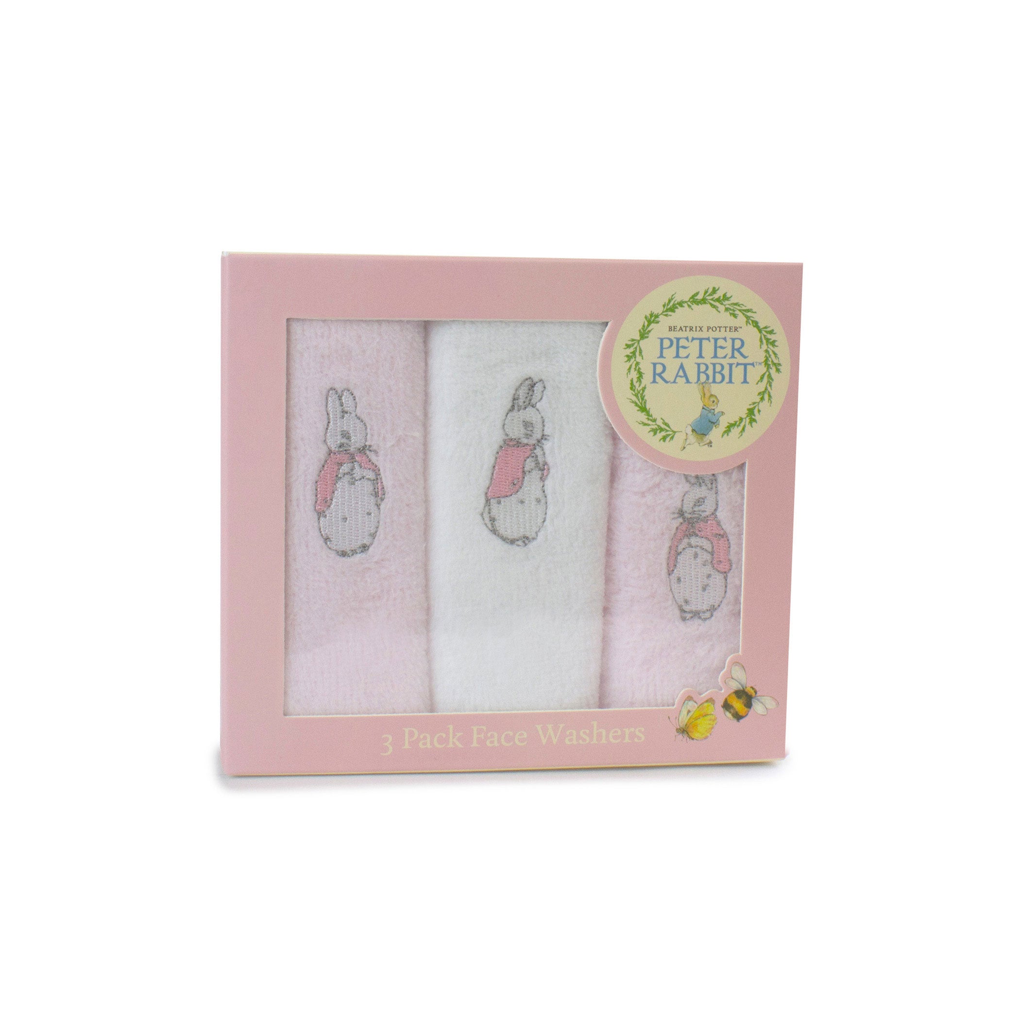 Peter Rabbit 'Hop Little Rabbit' Hooded Towel & Face Washers Set - Soft Baby Bath Towel with Cute Bunny Hood for Newborn & Toddler - Perfect for Bath Time, Baby Shower Gift & Nursery Essentials (Pink)