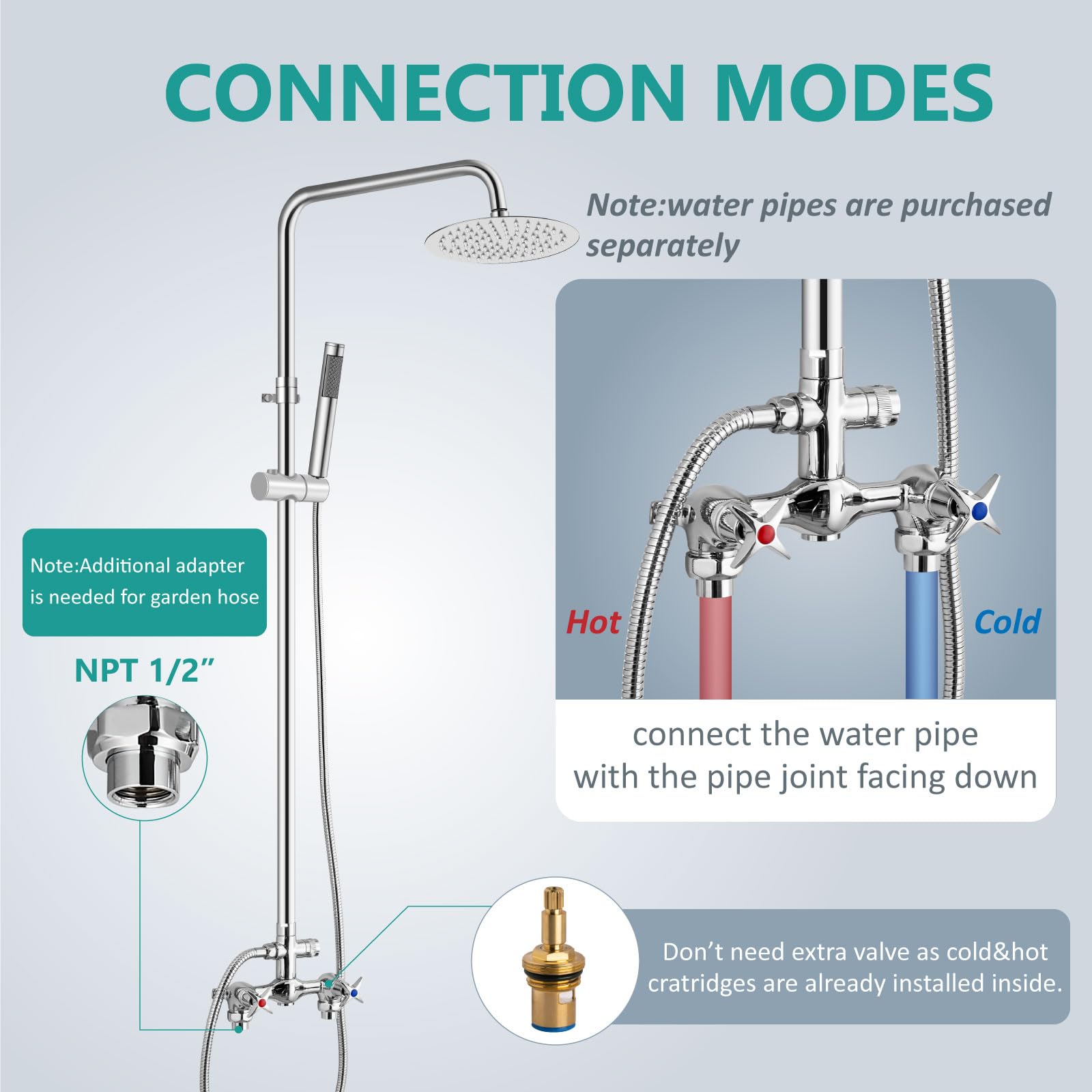**Aolemi Outdoor Shower Kit - 2 Handle Faucet System with 8 Inch Rainfall Shower Head & Handheld Sprayer - Adjustable Height Polish Chrome Pipe - Perfect for Poolside, Beach, Camping & Garden Use**