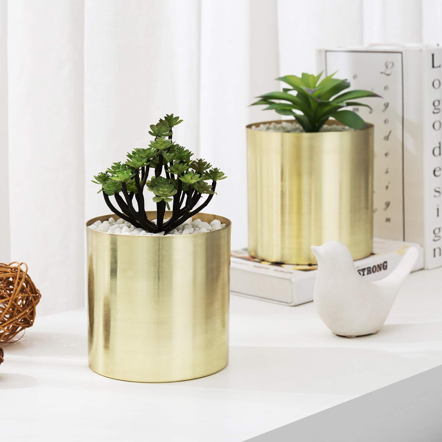 MyGift Modern Brushed Brass Plated Indoor Plant Pots - Set of 2 Cylindrical Metal Vases (5 & 6 Inch) - Handcrafted in India - Perfect for Home Decor, Office Plants & Succulent Arrangements