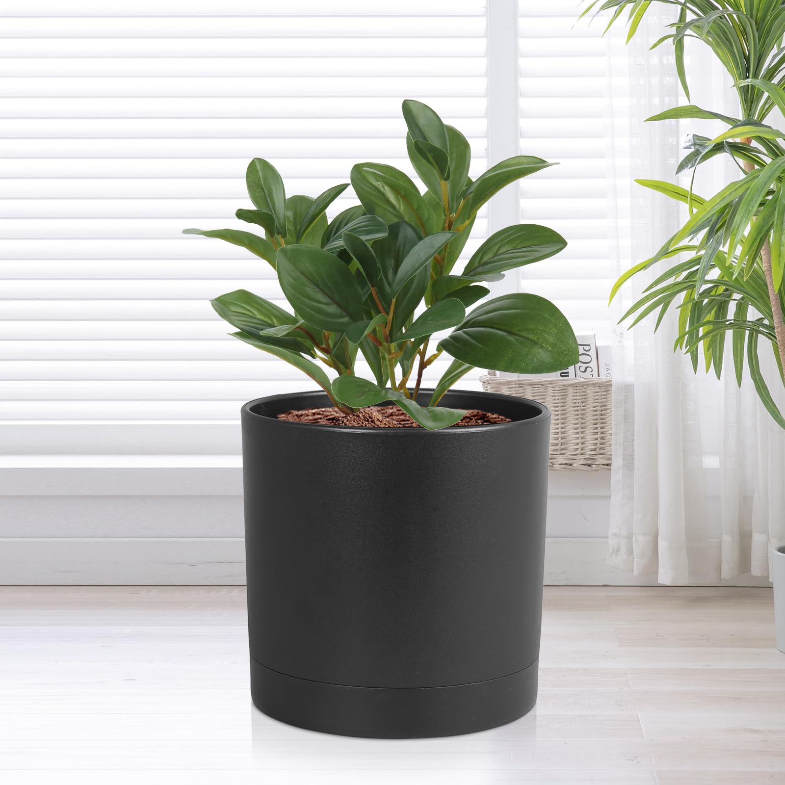 6/5/4 Inch Plastic Flower Pots Set of 3 - Cylinder Planters with Drainage Holes & Saucers for Indoor Outdoor Plants, Succulents, Herbs - Perfect for Home Garden, Balcony Decor and Office Plants (Black)