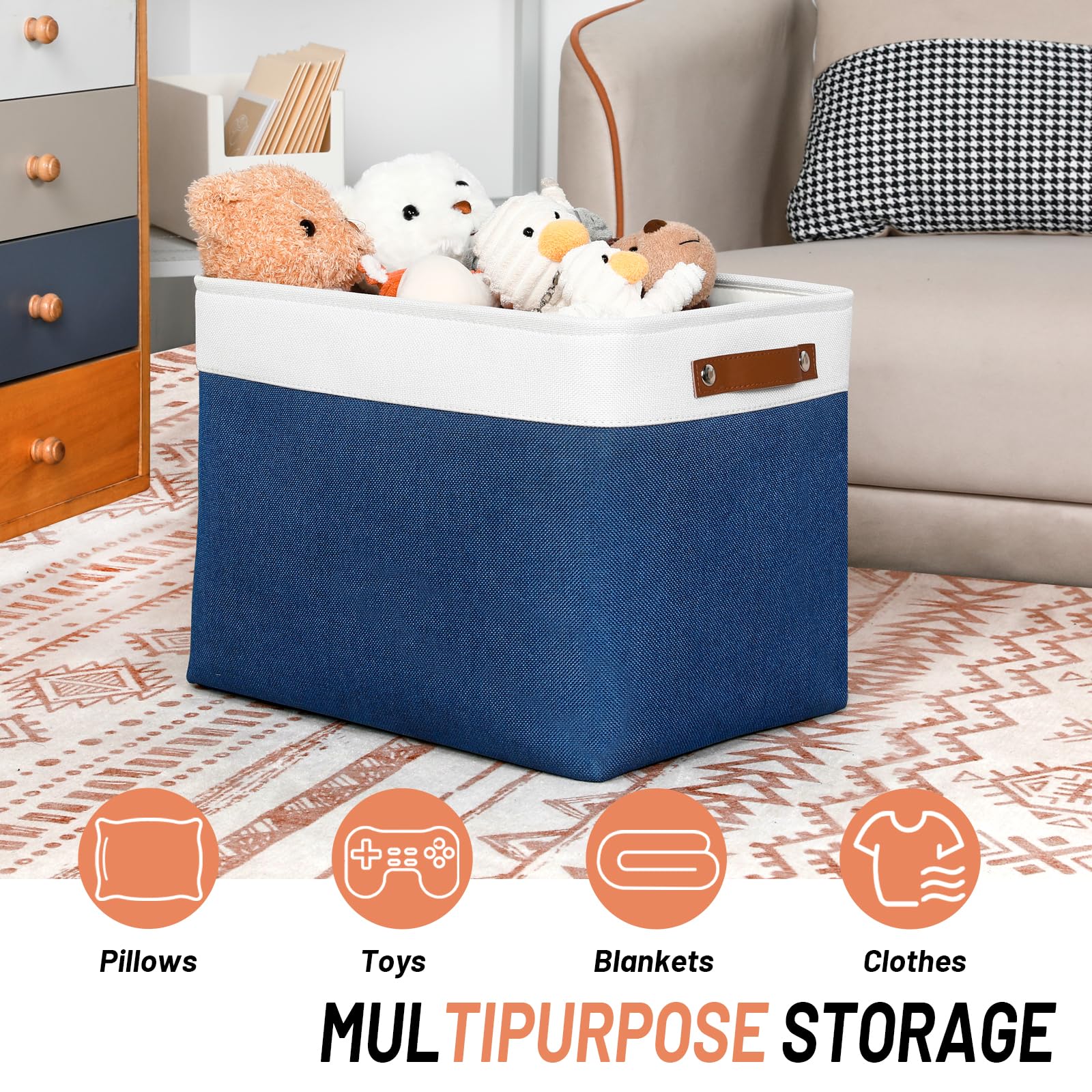 DULLEMELO Storage Baskets with Leather Handles - Home & Office Organizer for Shelves, Toys & Clothes (White & Blue)