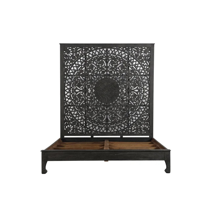 Hand Carved Solid Wood Low Profile Standard Bed Frame - Black | Modern Minimalist Bedroom Furniture for Small Spaces & Cozy Home Decor