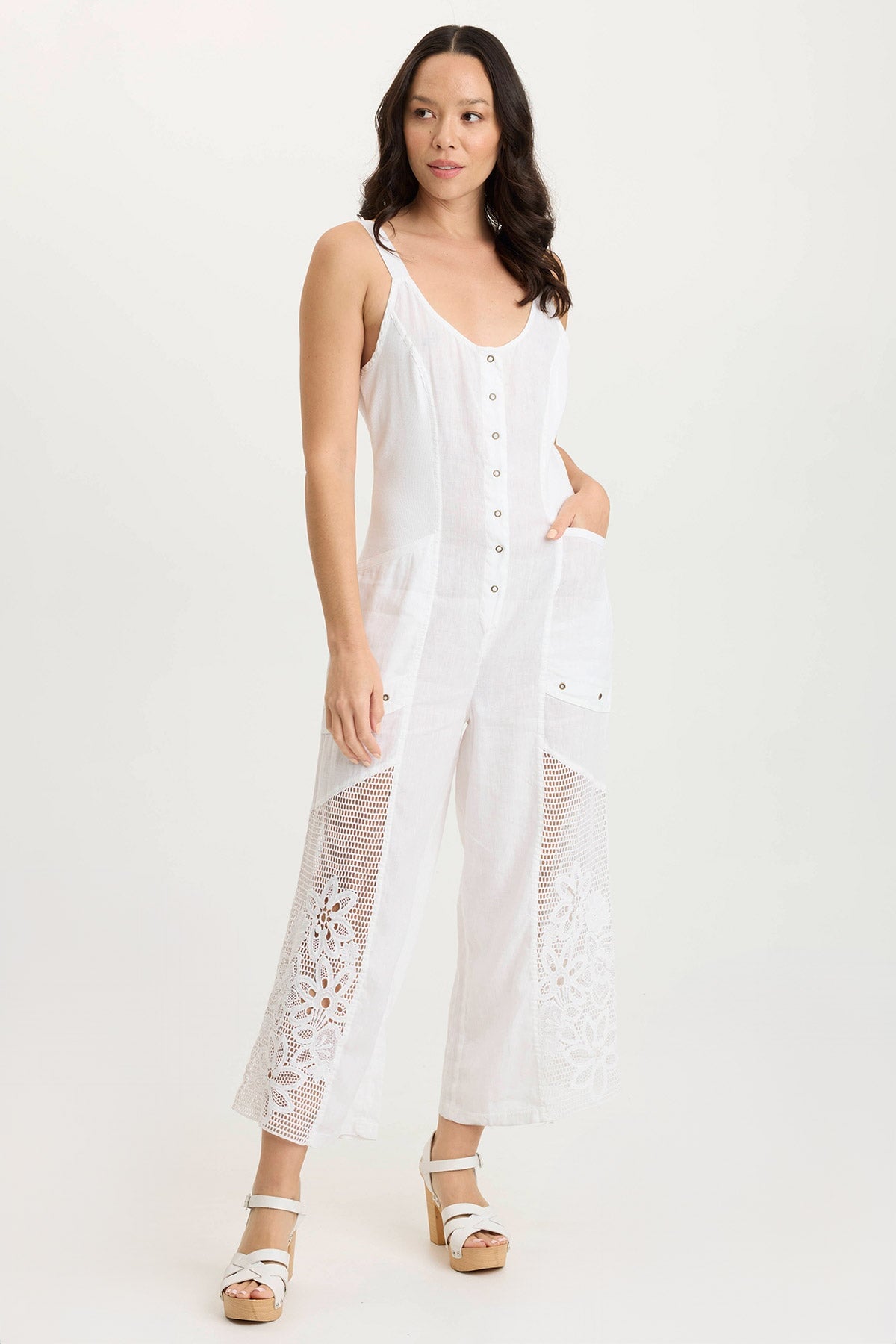Nairi Women's Linen Crochet Mesh Contrast Jumpsuit - Boho Chic Summer Romper with Floral Embroidery for Beach Vacation & Music Festivals