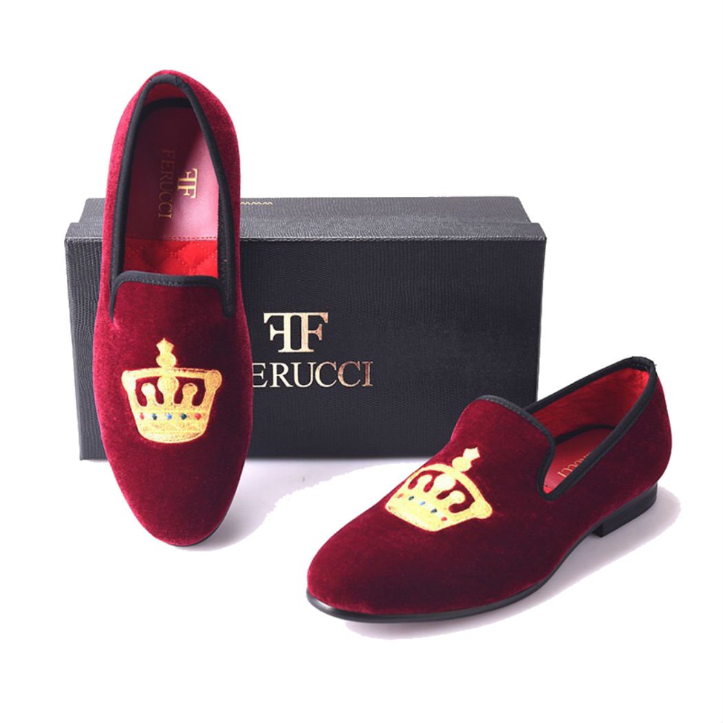 FERUCCI Handmade Burgundy Velvet Men's Loafers with Gold Crown - Luxurious House Slippers for Men, Comfortable Indoor/Outdoor Slippers for Relaxation & Lounging