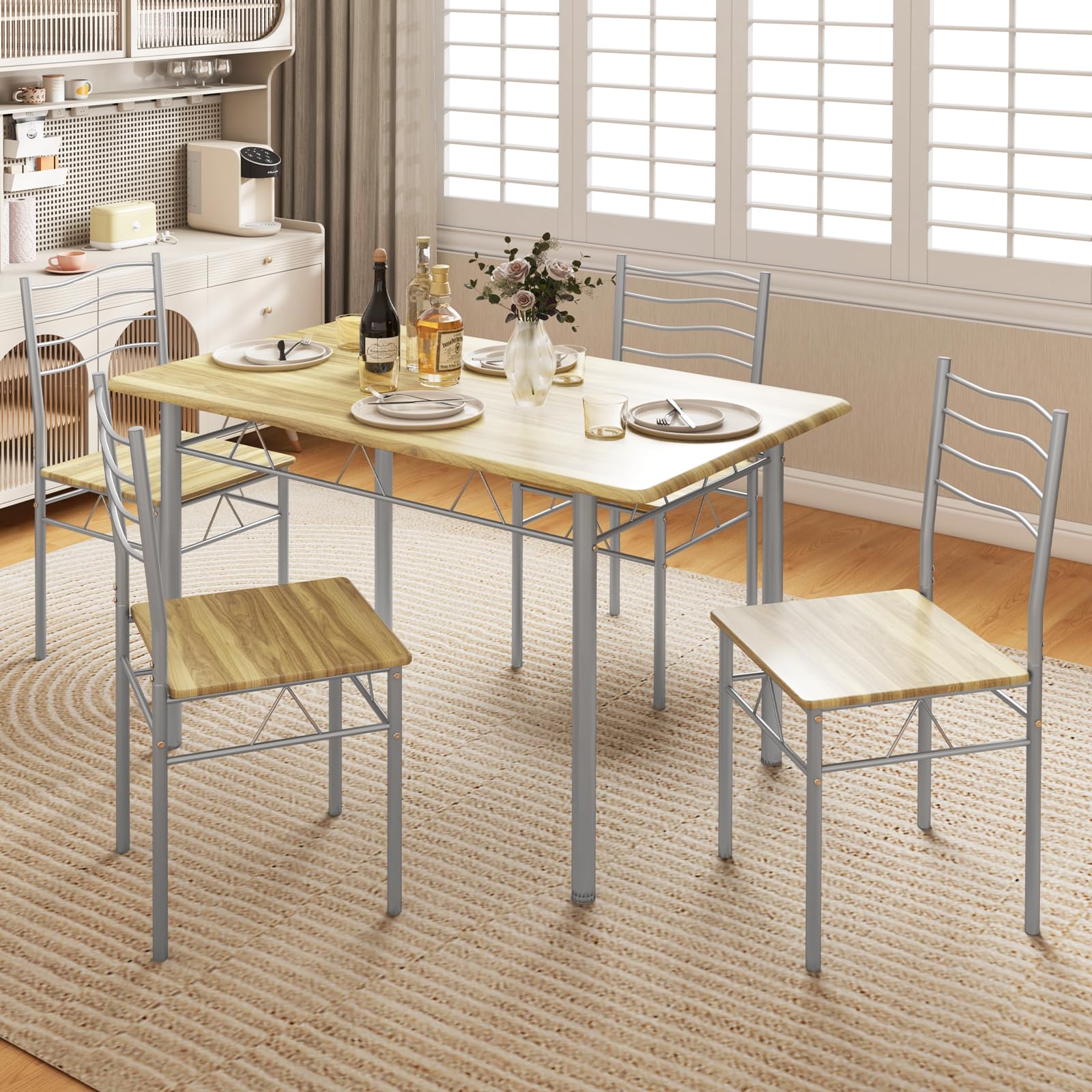 Giantex Modern 5-Piece Dining Table Set with 4 Chairs, Wood & Metal Kitchen Breakfast Furniture Set, Natural Finish - Perfect for Small Spaces, Apartments, and Cozy Family Meals