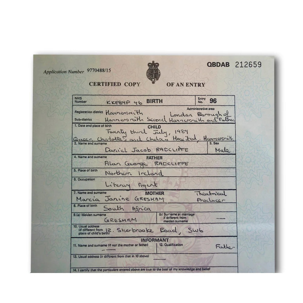 Daniel Radcliffe Certified UK Birth Certificate Copy - Authentic Harry Potter Memorabilia - Official J.K. Rowling Collection - Perfect for Fans, Collectors & Display