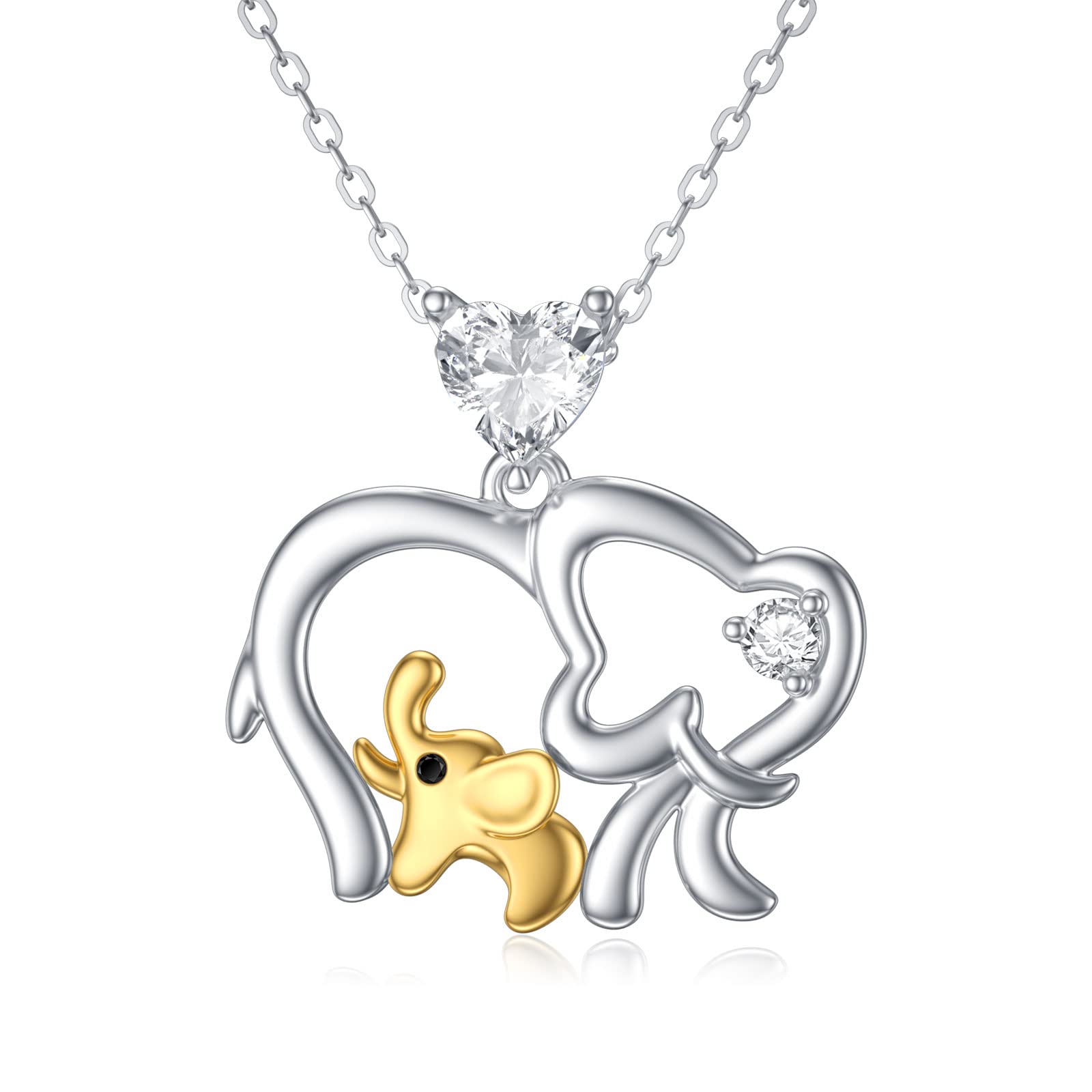 14K Real Gold Elephant Necklace for Women - White & Yellow Gold Lucky Double Elephant Pendant with 5A Cubic Zirconia, Elegant Heart Jewelry Gift for Mom, Wife, Girlfriend - 16''-18'' Adjustable Chain - Perfect for Birthdays, Anniversaries & Special Occasions