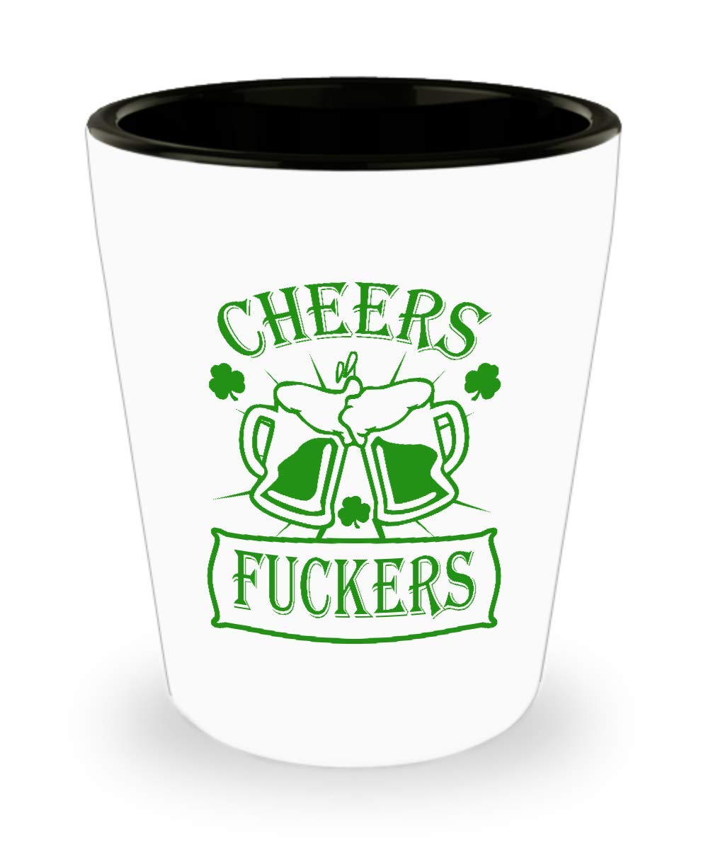 Funny St. Patrick's Day Shot Glass - Cheers Fuckers Novelty Tequila Glass - Irish Shamrock Four Leaf Clover Good Luck Drinking Gift for Parties & Celebrations - Perfect for St. Paddy's Day Bar Crawls, Bachelor Parties & Irish Themed Events